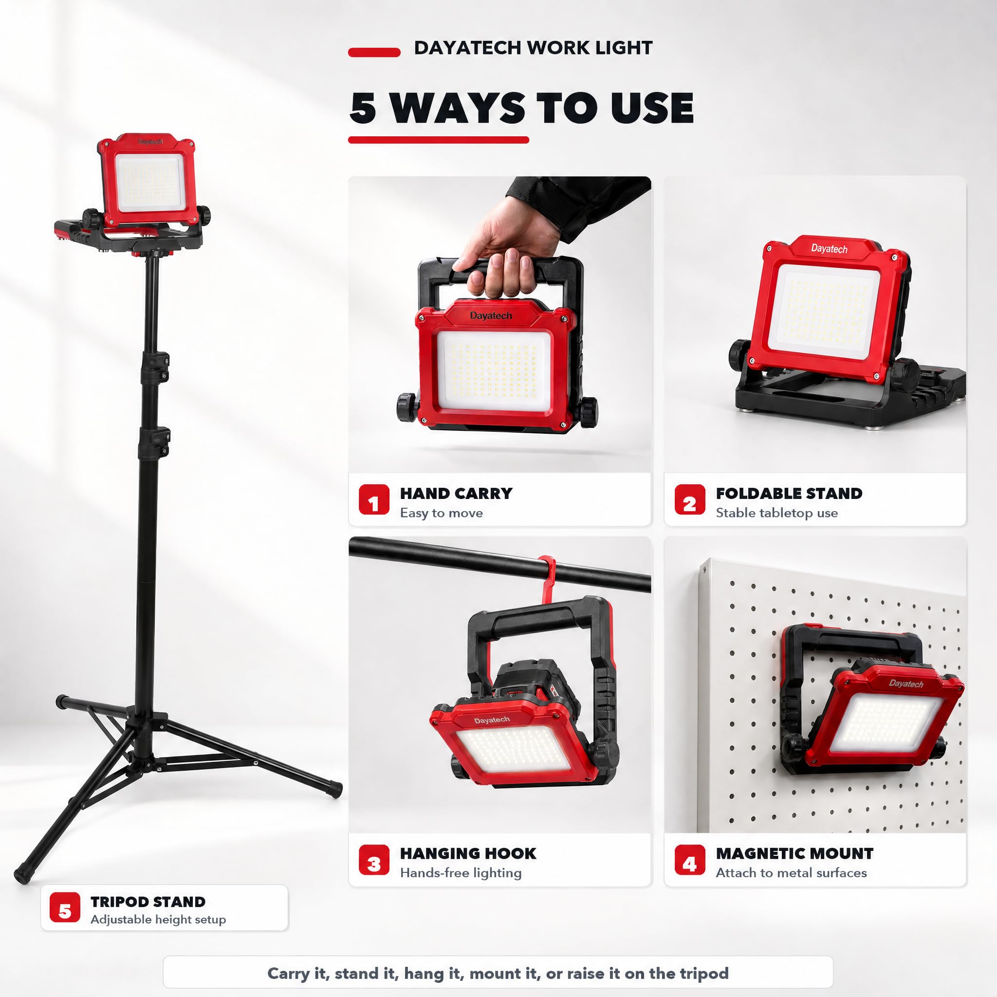 Luz de trabajo LED inalámbrica compatible con batería Dewalt y Milwaukee de 18-20 V, 4000 lm 25 W, sin parpadeo, brillo ajustable, base plegable con imanes (batería/cargador no incluido)