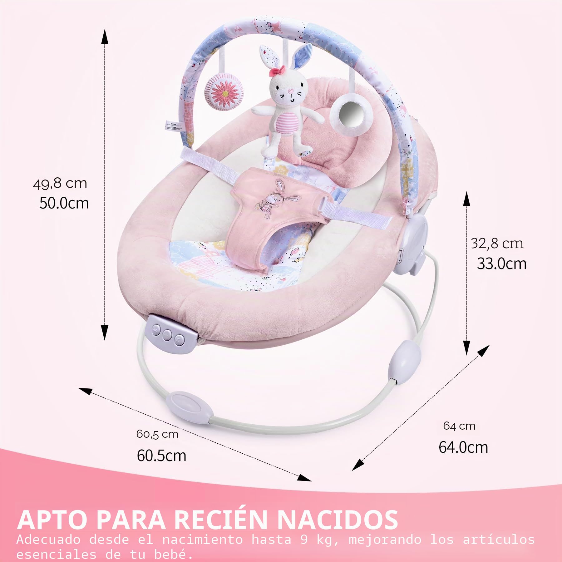 LADIDA Hamaca suave y acolchada para bebé con música relajante y vibración, bonito tema de conejo rosa, adecuado para recién nacidos