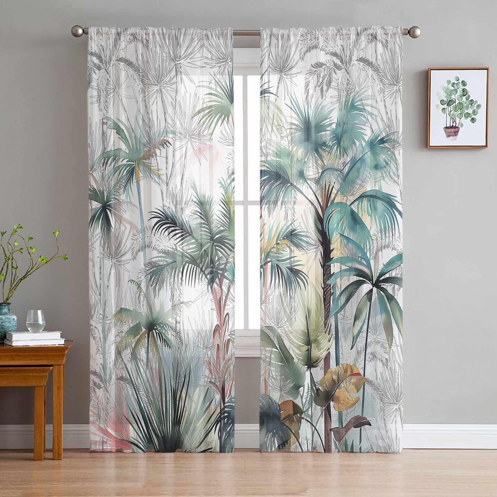 Teal Green Palm Tree Sheer Curtains 84 Inch Length 2 Panels Set for Living Room/Bedroom, Semi Curtain Sheers Drapes Rod Pocket Window Curtains 52x84x2