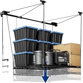 FLEXIMOUNTS GL1 Overhead Garage Lifting Storage Rack, 4x4 Ft Heavy-Duty Metal Garage Ceiling Rack, Adjustable Organization System With 71''L Axle, 300lbs Weight, Black