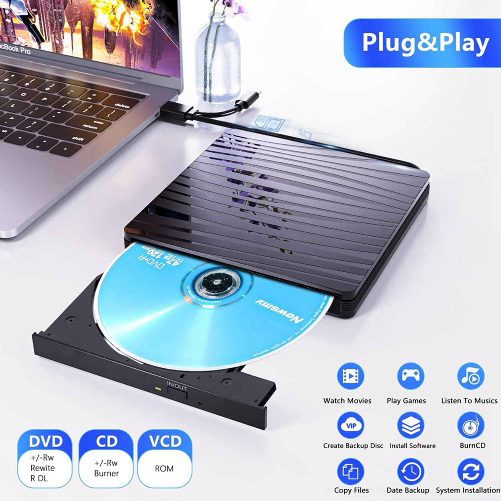Lecteur CD/DVD Externe USB 3.0 Type-C Portable Graveur pour PC