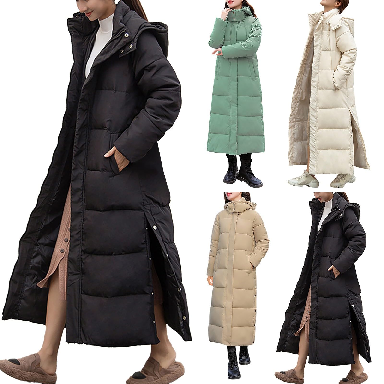 Piumini da donna invernali lunghi piumini imbottiti con cappuccio trapuntato imbottito con tasche per campeggio all'aperto giacche da trekking a maniche lunghe con cerniera Outwear