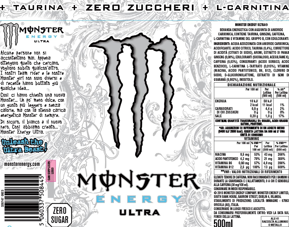 Monster Energy Ultra White – 24 Lattine da 500 ml, Energy Drink Zero Zuccheri e poche Calorie, Bevanda Energetica dal Gusto Leggero e Rinfrescante di Agrumi