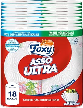 Foxy Asso Ultra Kitchen Paper, 18 Rolls, 3 Layers Absorbent, with Design, FSC Certified, Renewable Electric Energy, Recyclable Package Produced with Recycled Plastic