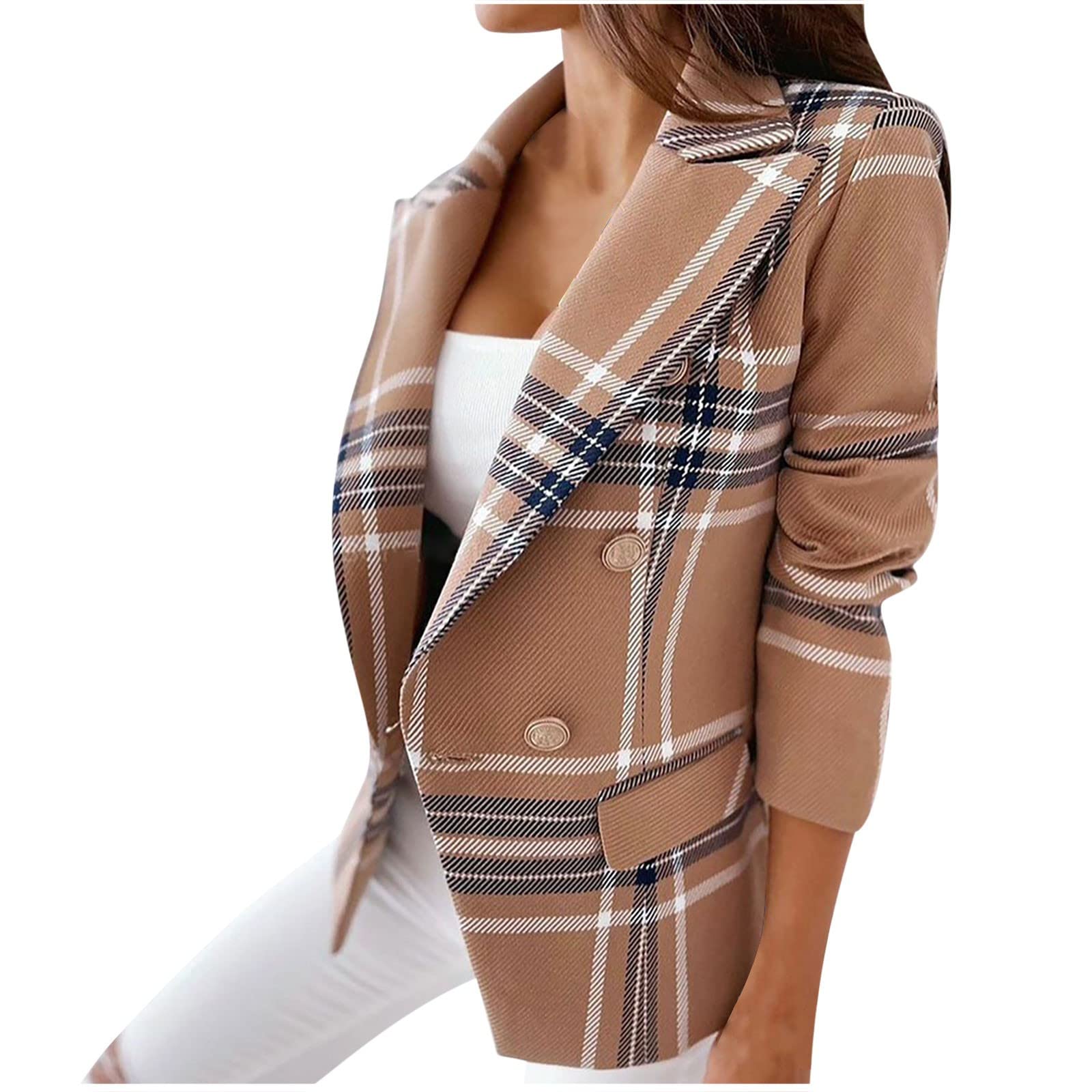 Womens Plaid Blazers Casual Long Sleeve Notch Lapel Button Slim Work Office Blazer Jacket Fall Cardigan Coat Tops