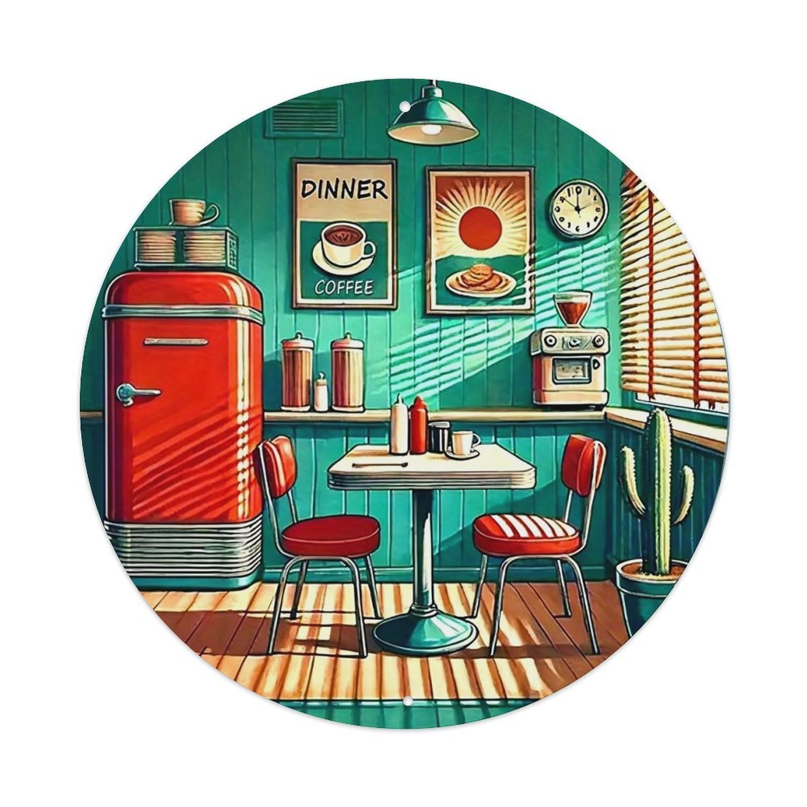 Retro Kitchen Scene With Cactus Round Tin Sign Vintage Metal Sign Home Bar Garden Indoor & Outdoor Wall Decor Retro Metal Poster 8x8 Inch