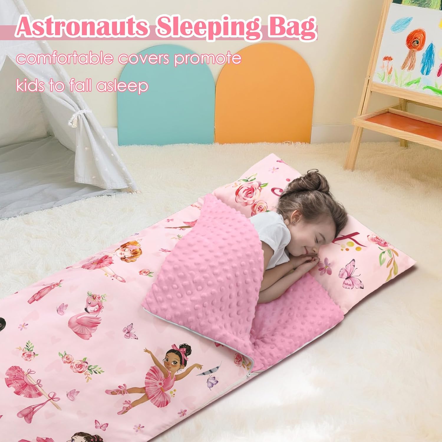 Kids Sleeping Bag Toddler Nap Mat with Removable Pillow, Large Foldable Sleeping Bag for Girls Boys, Easy Clean Slumber Bag with Double Zip for Camping School Preschool Daycare, 59×24 inch