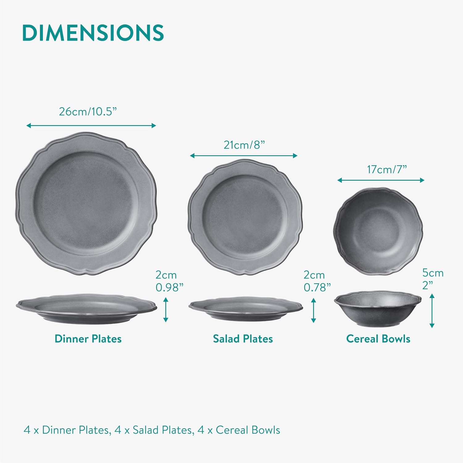 Navaris Scandi Style Porcelain Dinnerware Set - Ceramic Crockery Sets for 4 - Stackable Dishes with Dinner and Salad Plates Cereal Bowls - Dishwasher & Microwave Safe - 12pcs Grey