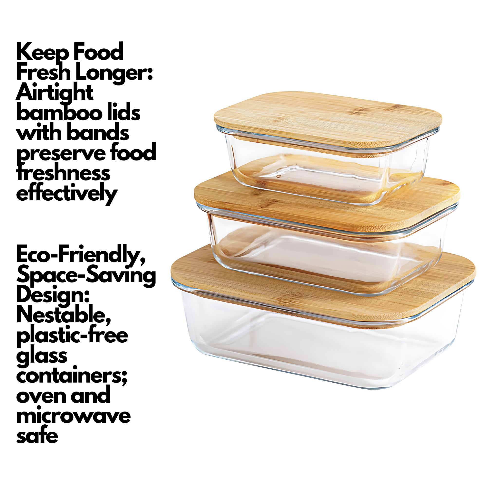 Vellichor Europe Lot de 3 boîtes de conservation alimentaires en verre avec couvercles hermétiques en bambou, passent au micro-ondes et au four,Conservation de la fraîcheur