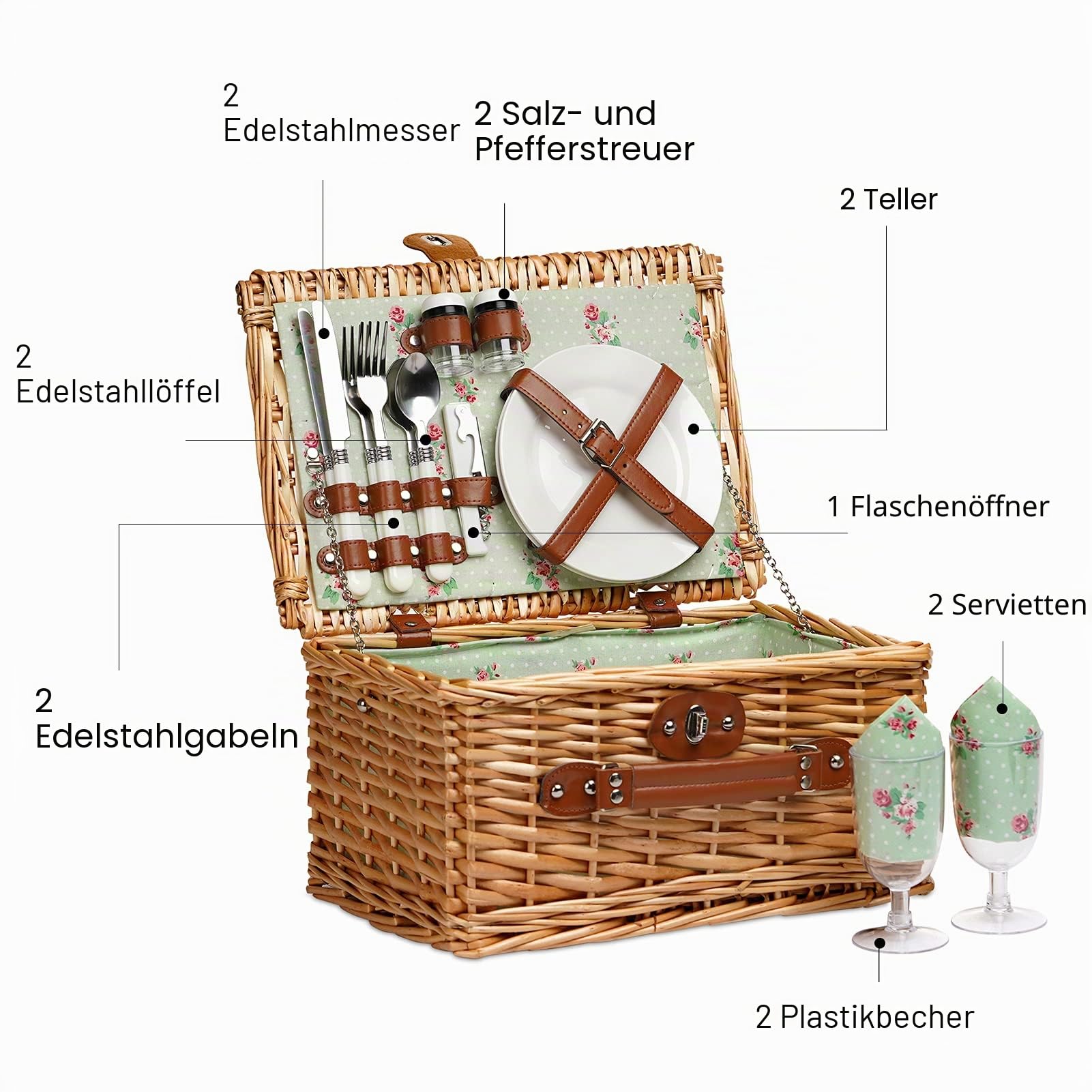 Wicker Picknickkorb für 2 Personen, Willow Hamper Basket Sets, handgefertigter Picknickkorb für 2 Personen mit Utensilienbesteck Perfekt für Picknick, Camping Flower