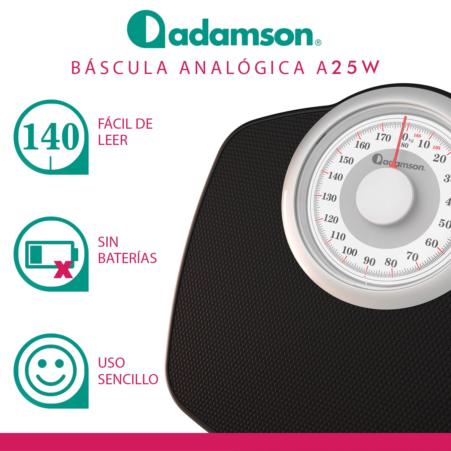Adamson A25W - Báscula de Baño Analógica - NUEVO - Hasta 180 KG - Números Grandes Y Base Antideslizante - Balanzas Para Baño de Alta Precisión - 20 años de Garantía - Para Casa, Dormitorio - Blanco