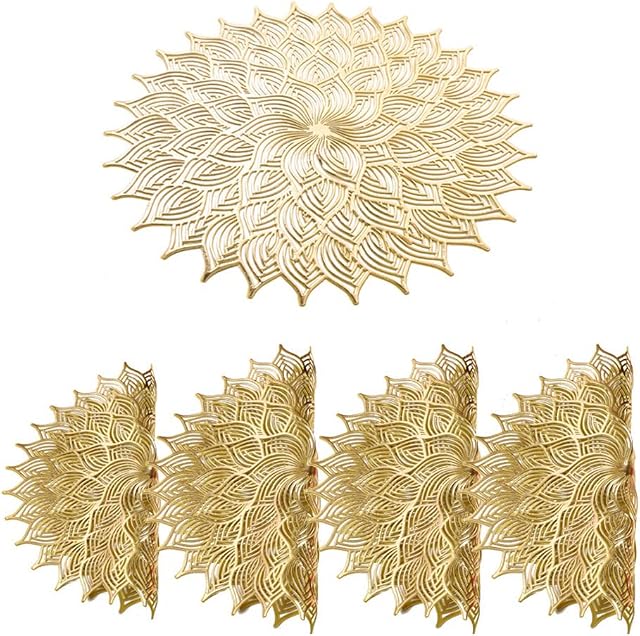 Hosoncovy 4 Pack Decorative Flower Placemats Leaf PVC Placemats Hollow Dining Table Place Mats Heat Resistant Non-slip Dining Placemats Table Mats for Home Kitchen (Gold)