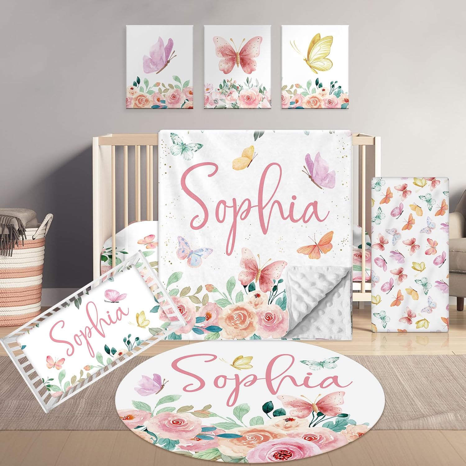 Terwex Personalized Baby Bedding - 5 Pc Custom Name Bedding for Girls & Boys - Soft Toddler Crib Sets, Pink Butterfly