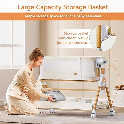 Miniatura 6 de Moisés de bebé 3 en 1, moisés de cabecera/mecedora para bebé, cuna de cabecera con ruedas bloqueables, colchón impermeable, 6 alturas ajustables,