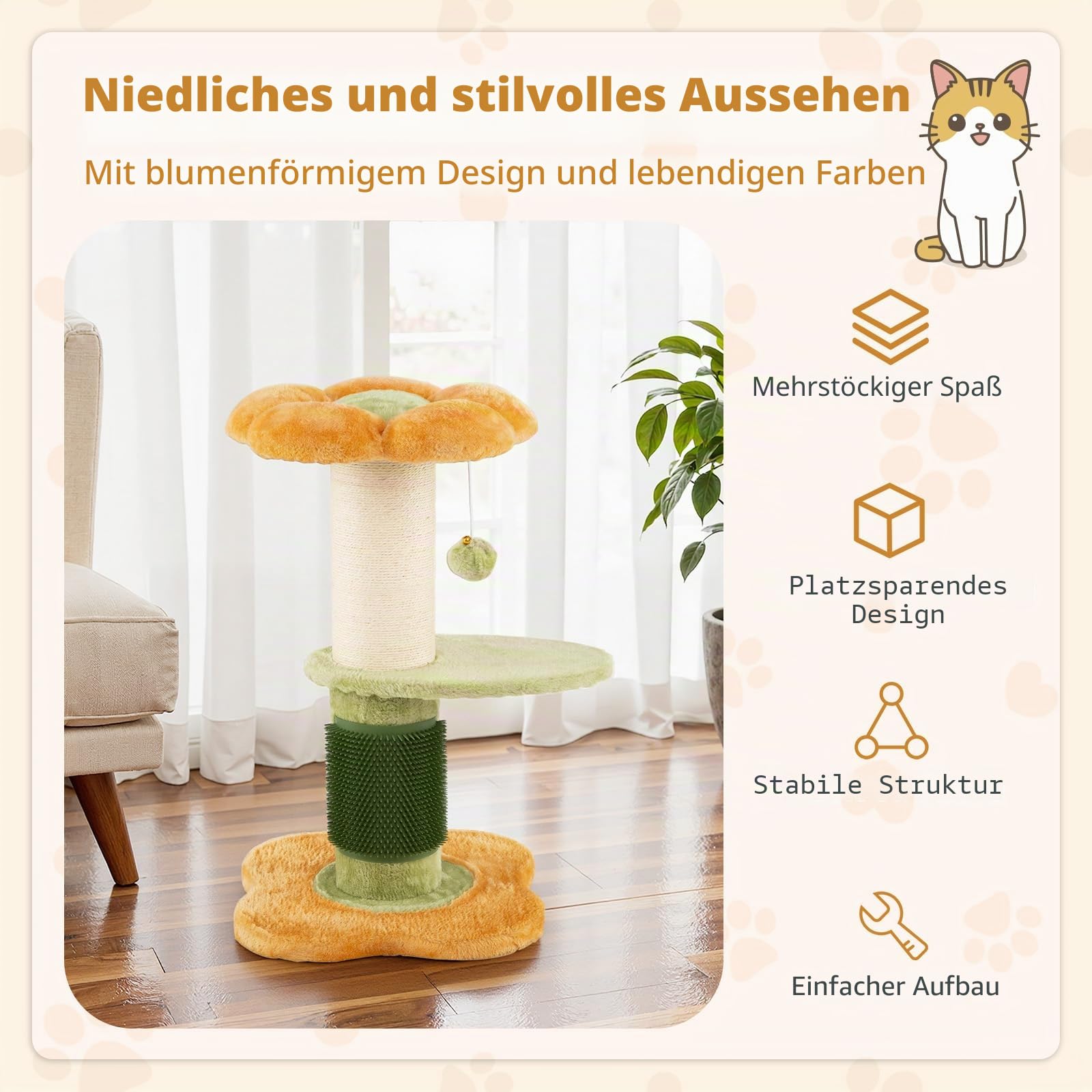 FANTASK Kratzsäule Klein, Katzenkratzbaum mit dickem Sisalstamm Plüschsitz Selbstpflegebürste Ballspiel, Kletterbaum Blumen-Design Katzenmöbel Indoor, Gelb