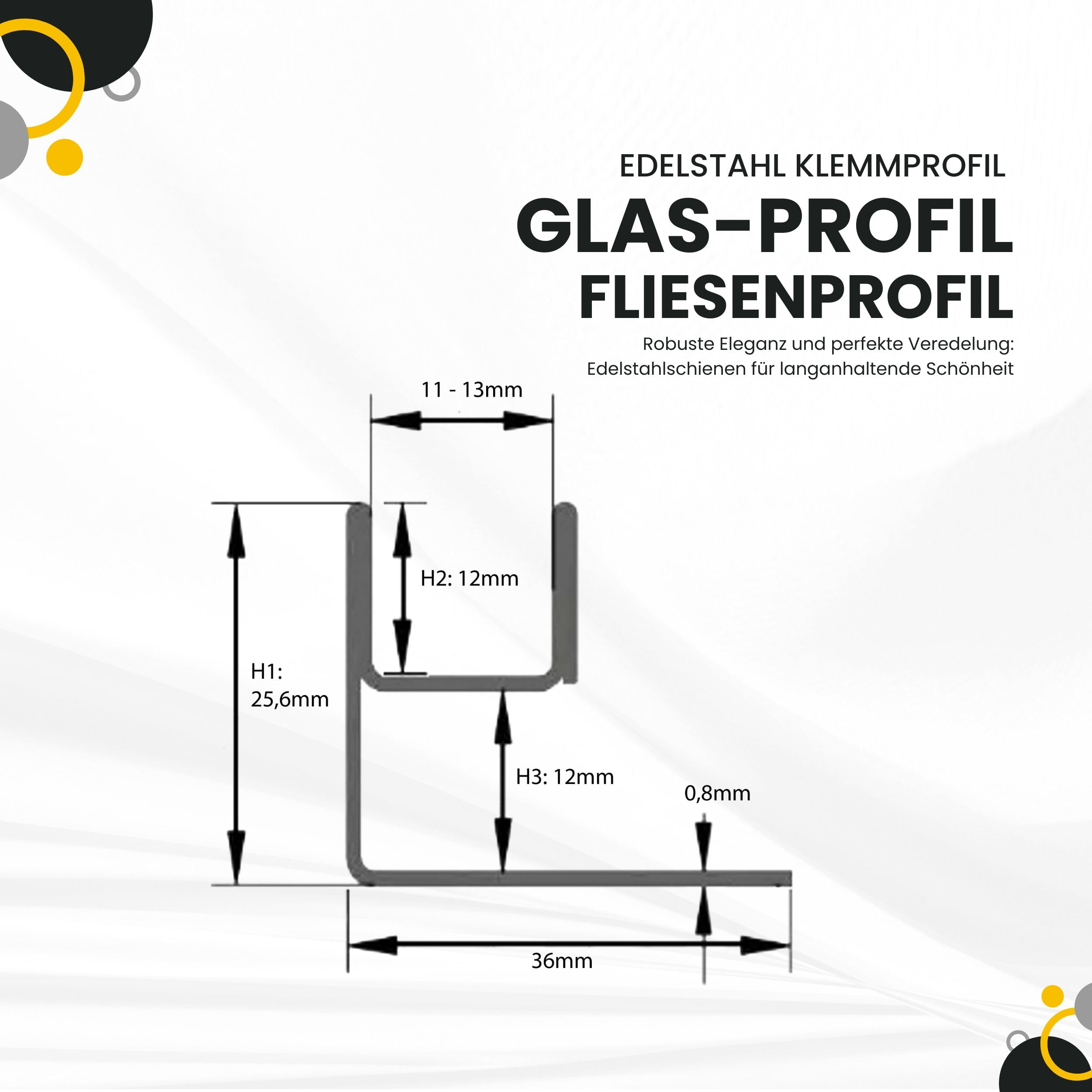 Glas-Fliesenprofil Edelstahl Klemmprofil Wandprofil V2A 2,5m H26,5mm 11mm Glas gebürstet