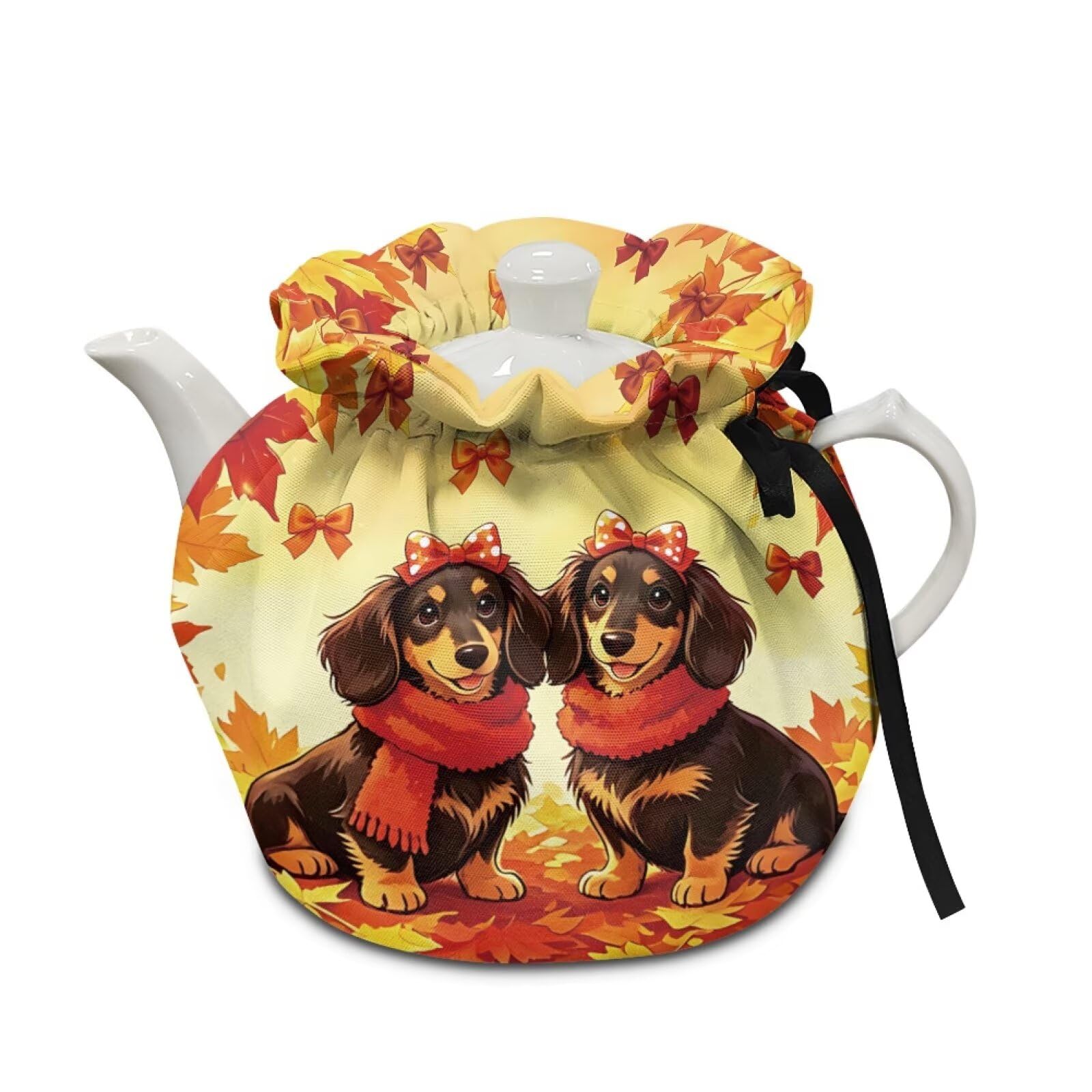 Autumn Dachshund Tea Pot Cover Fall Tea Pot Covers Tea Cozy Insulation Teapot Portability Drawstring Soft Teapot Case Washable Breakfast Pot Cove Personalized Design Gifts Turkey Party