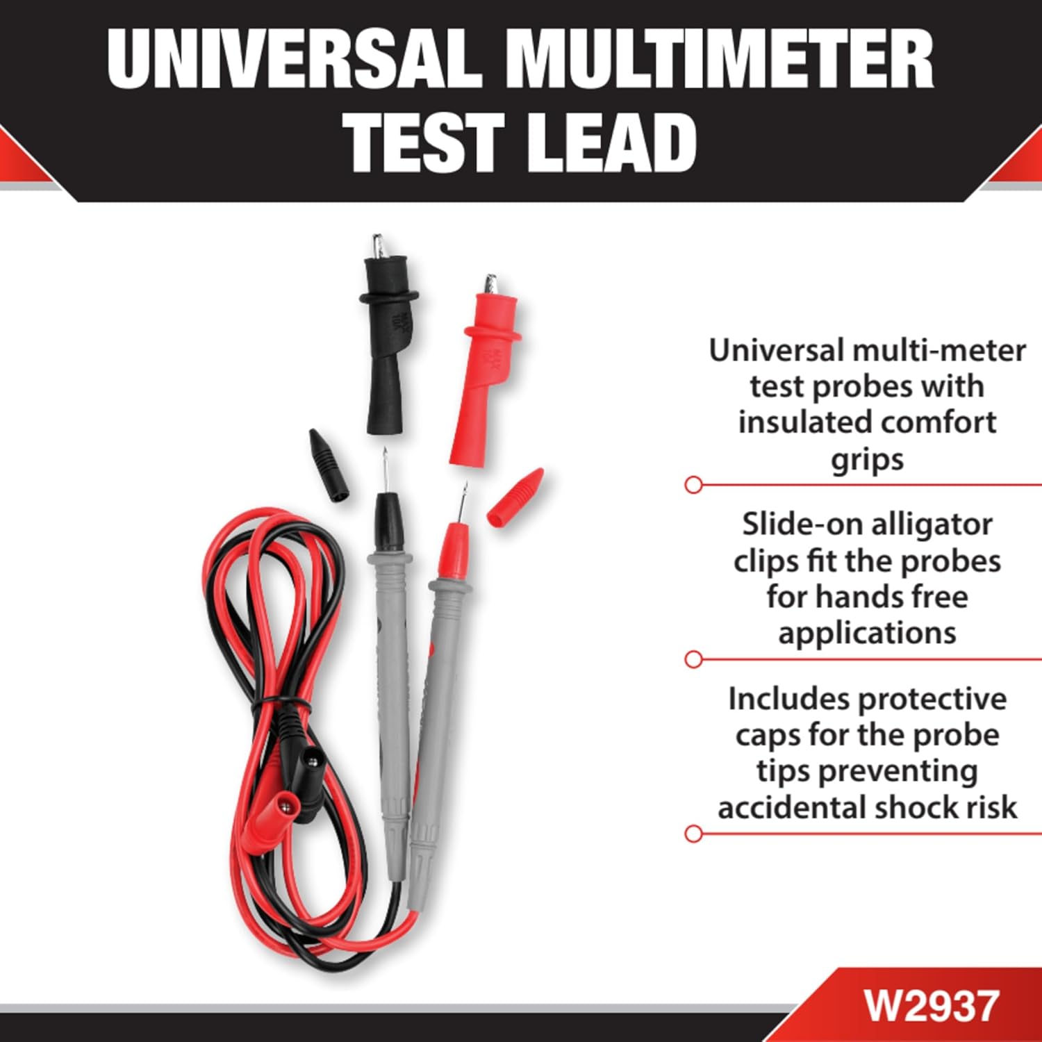 Performance Tool W2937 Universal Multi-Meter Test Probes with Insulated Comfort Grips and Alligator Clips, CAT II/CAT III Rated