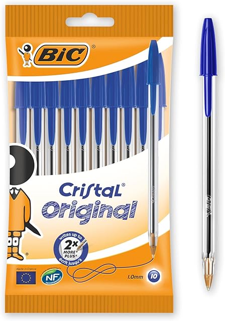 BIC Cristal Original Ballpoint Pens, Every-Day Biro Pens with Medium Point (1.0mm), Blue Ink, Pack of 10