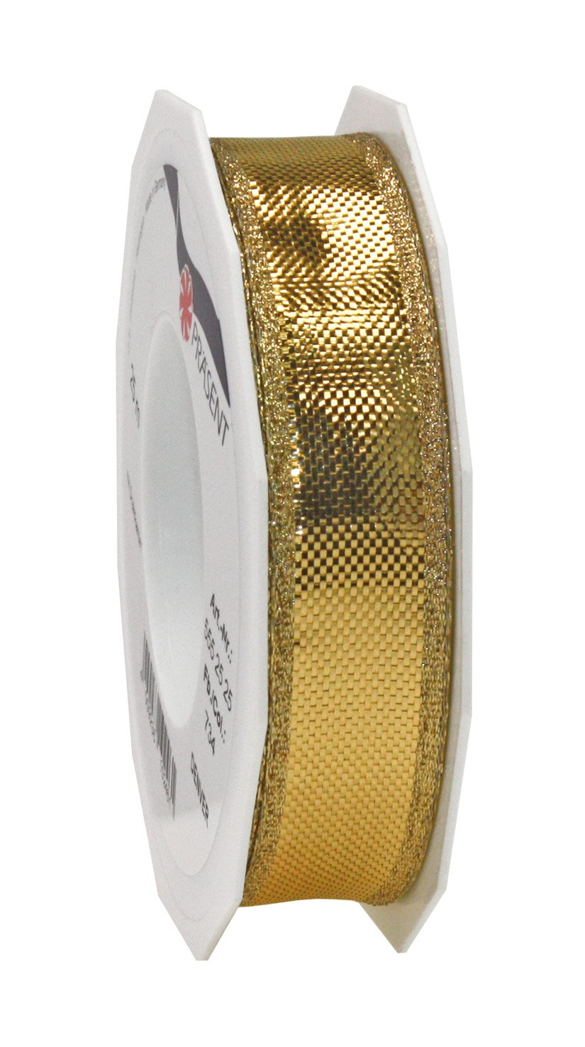 Präsent - Denver Metallic look Ribbon Light Gold 25-m-Roll 25 mm width, White-red, 25mm - 25m