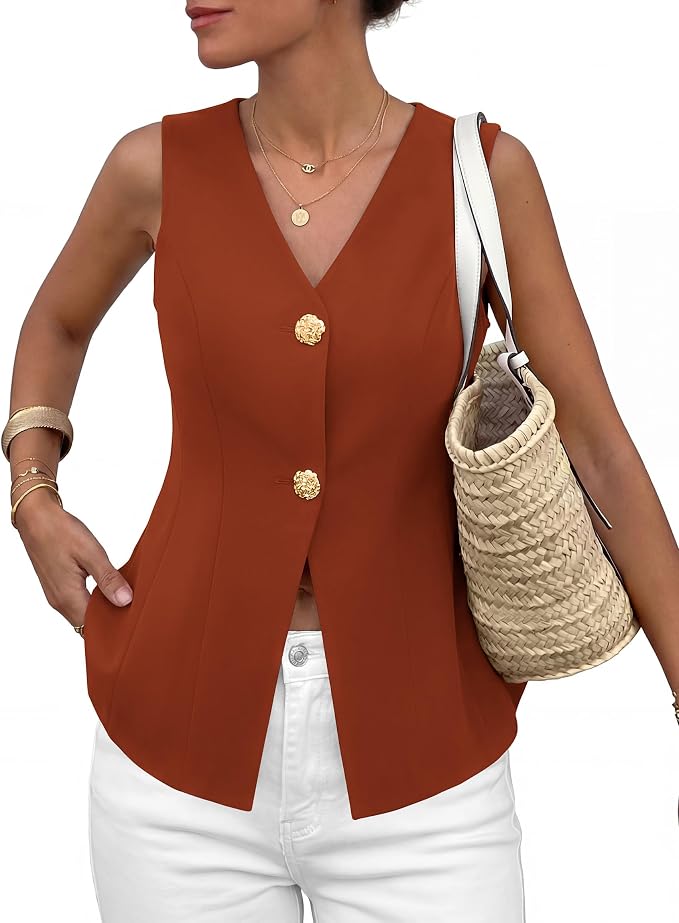 PRETTYGARDEN Womens Summer Sleeveless Blazer Vest Tops 2026 Trendy V Neck Button Down Business Casual Suit Vests Waistcoat
