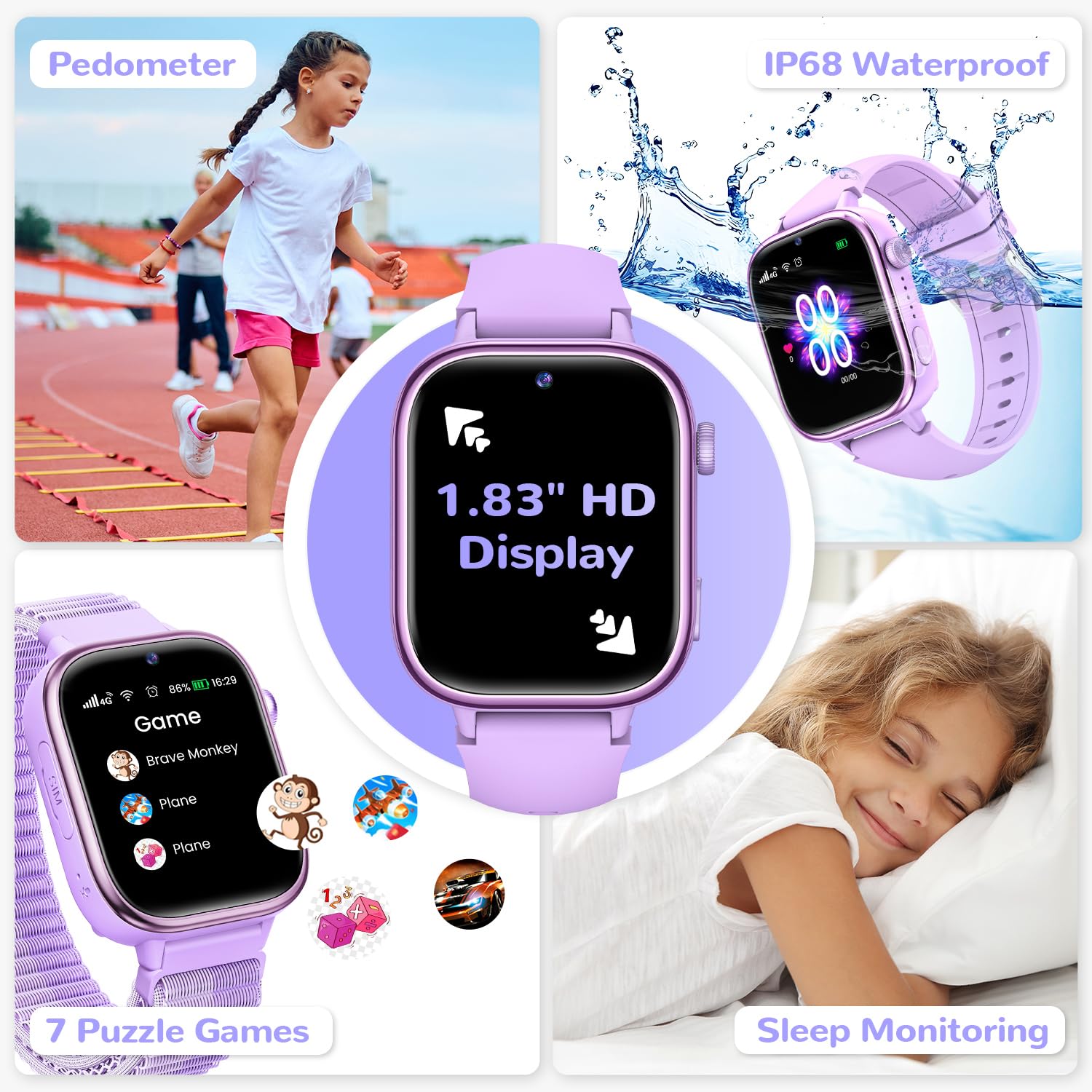 RUXINGX Inteligentny zegarek dla dzieci, Smartwatch dla dzieci z GPS i rozmowami wideo, telefon, czat głosowy, SOS, tryb szkoły, aparat, krokomierz, monitor snu, IP68 wodoodporny prezent dla dziewcząt