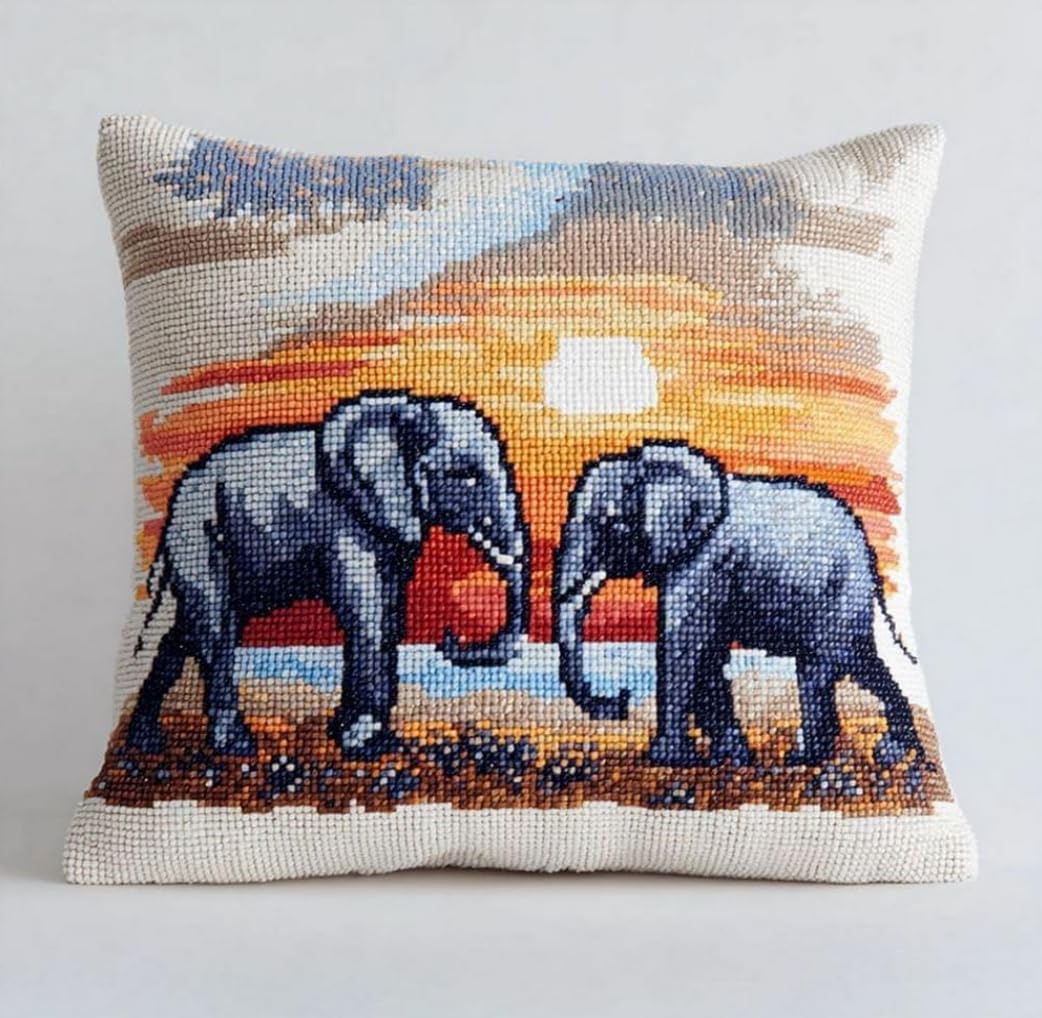 NAHUIGOOD Stamped Cross Stitch Kit,Elephant 45X45Cm DIY Embroidery Cushion,Tapestry Pillow Kit for Living Room Sewing Supplies Adults Beginners Gift