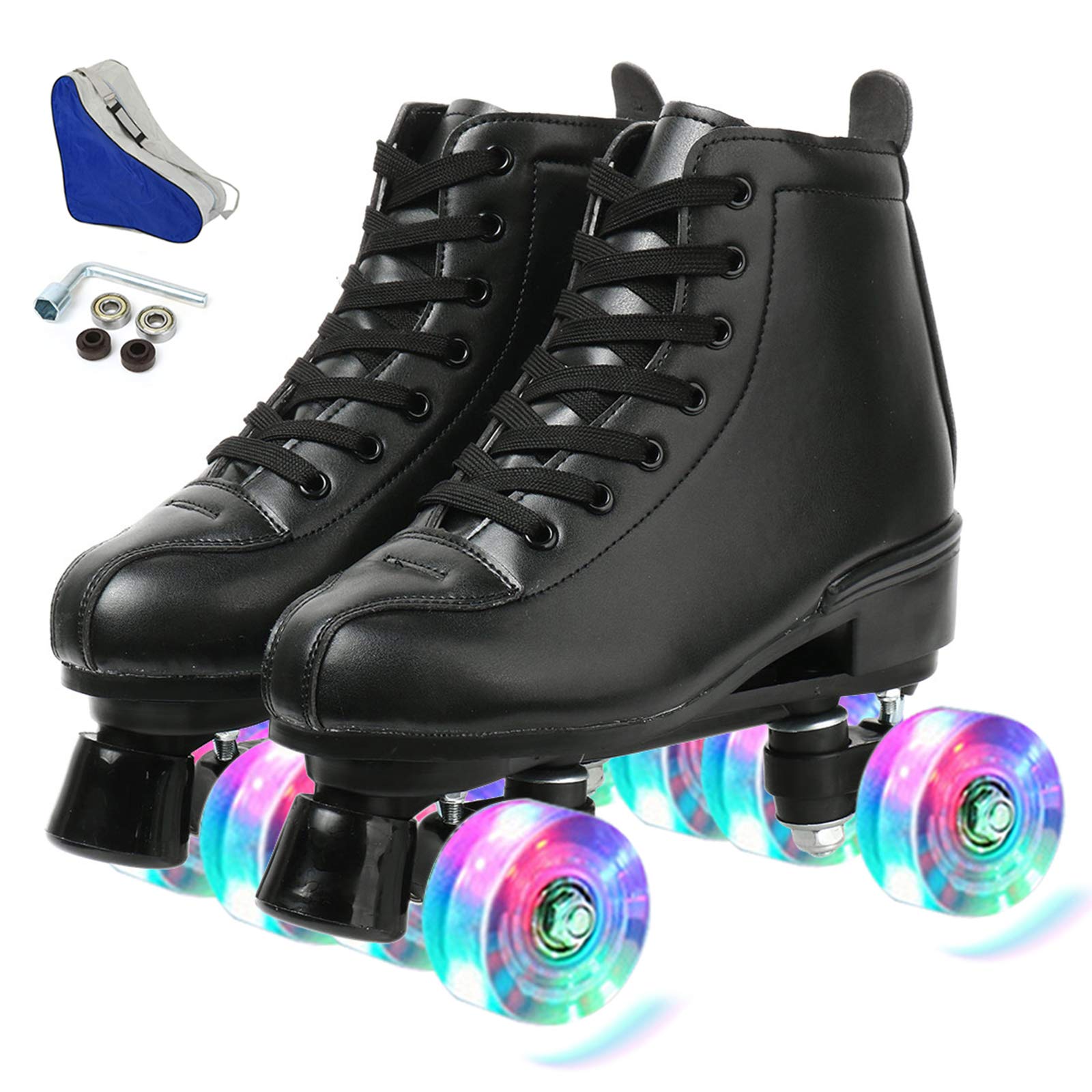 XUDREZ Roller Skates Double Row Skates Adjustable High-top Indoor Outdoor Adult Roller Skates (Black flash wheel, 41=UK:7.5)