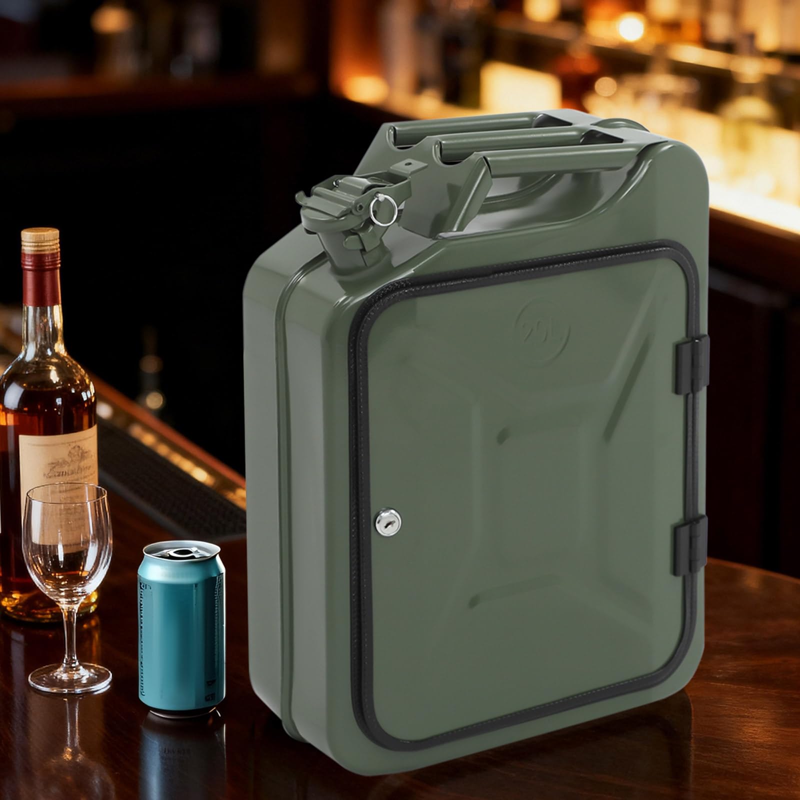 Bidon en métal, mini bar verrouillable avec compartiments en bois, cadeau pour homme, bar mobile, 35 x 15,5 x 47 cm