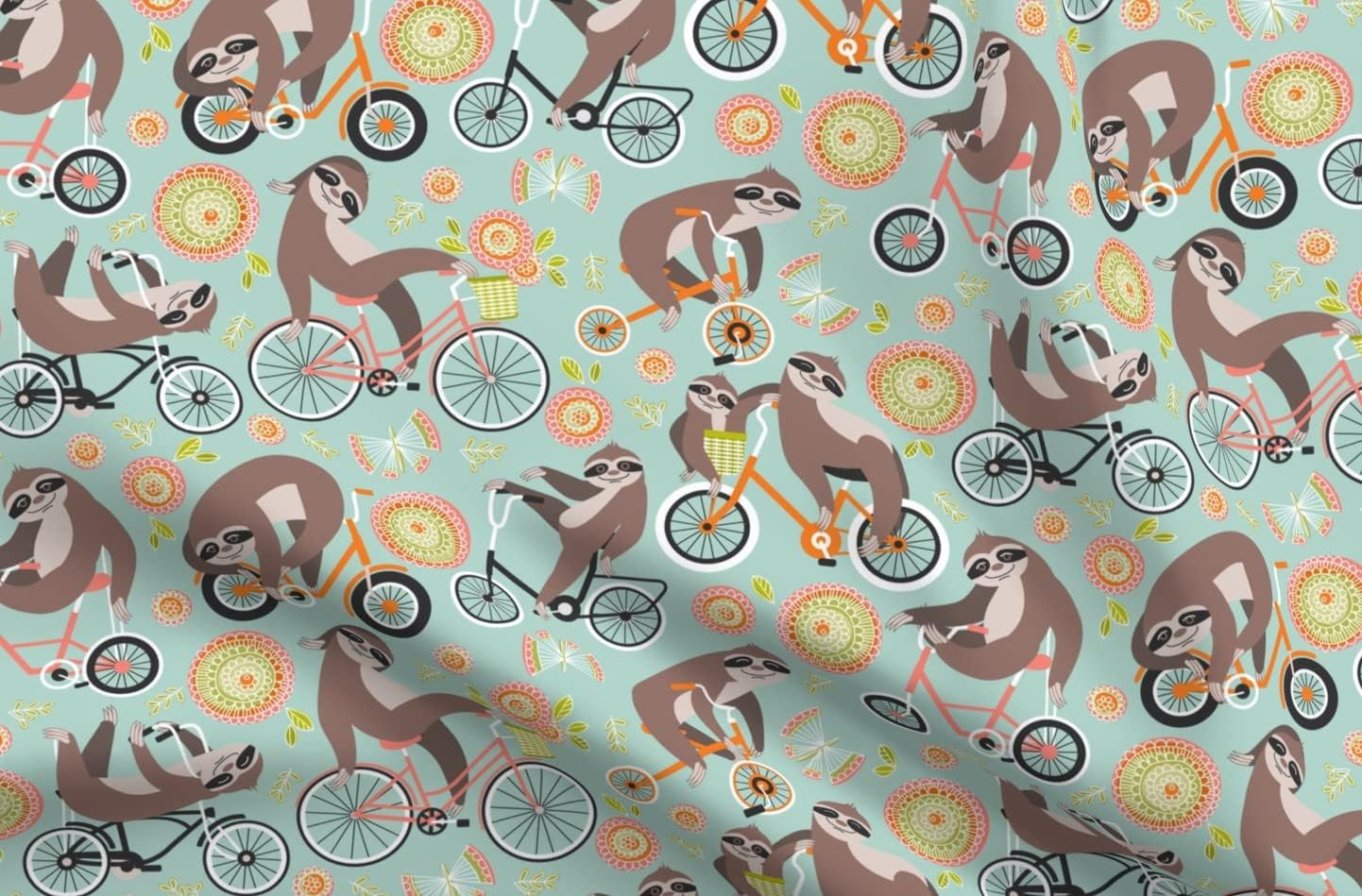 Spoonflower Fabric - Sloths Bikes Cycling Bicycle Bike Sloth Animal Printed on Organic Cotton Sateen Fabric by The Yard - Sewing Quilting Apparel Home Decor