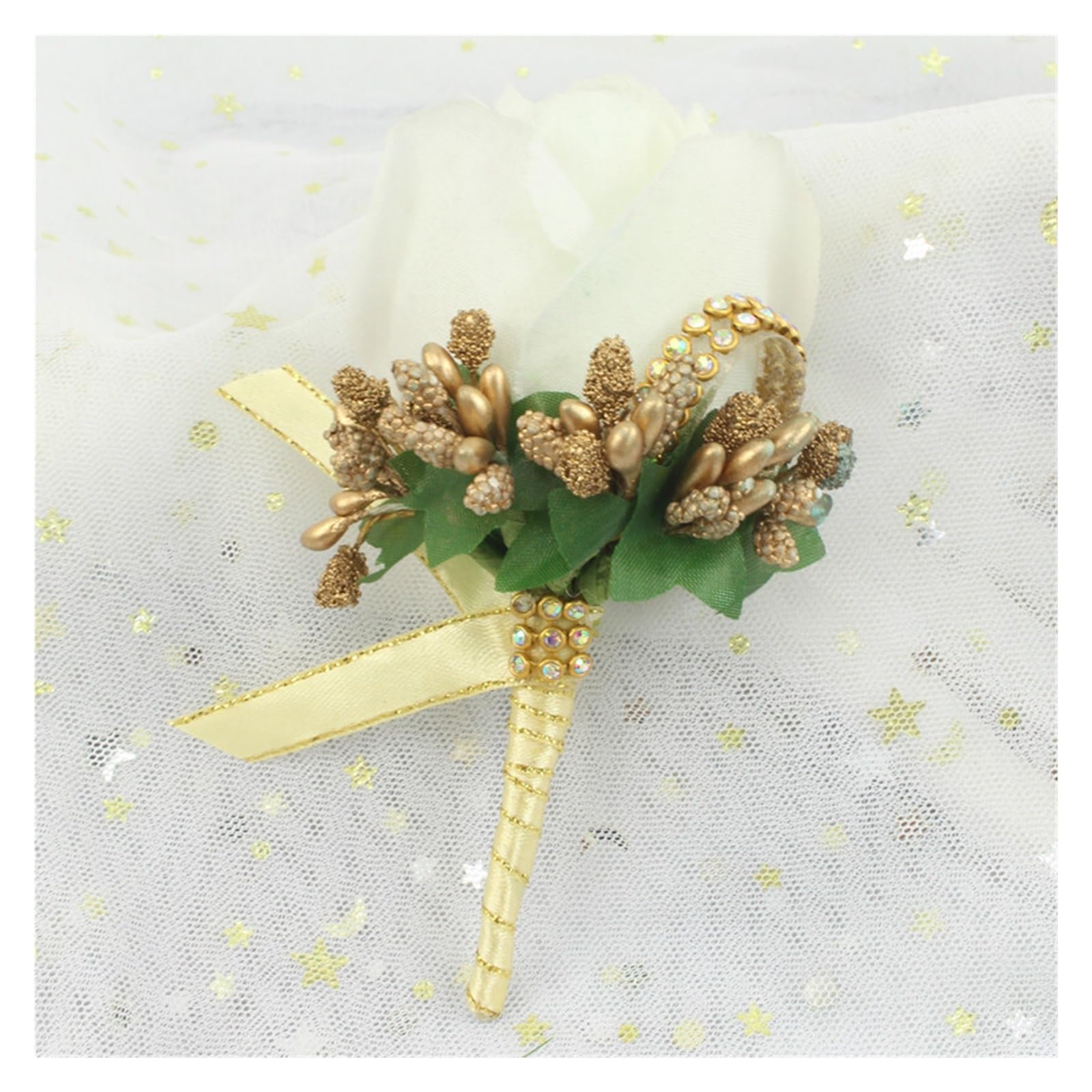 WTAXBH Corsages for Weddings 2pcs Wedding Corsages And Boutonnieres Artificial Roses Silk Groom Boutonniere Flower Groomsman Buttonhole(White gold2)