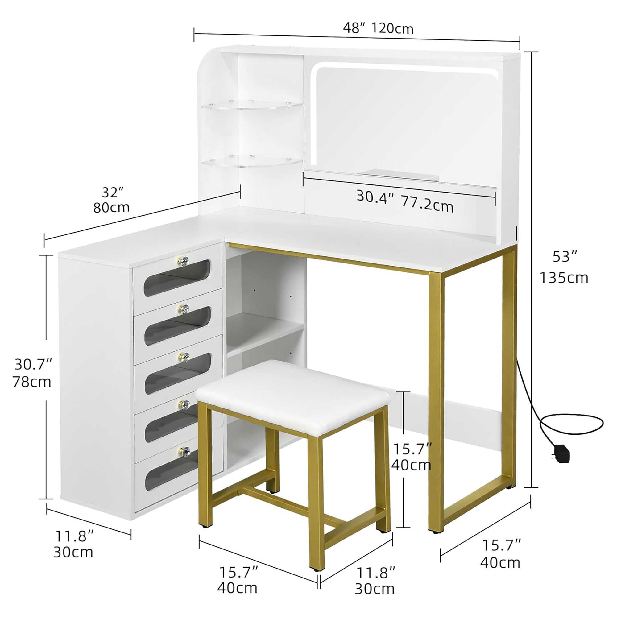DahuenToaletka z lustrem LED, 5 szufladami i 5 półkami, narożna w kształcie litery L, stolik do makijażu, biały, 120 x 135 x 80 cm