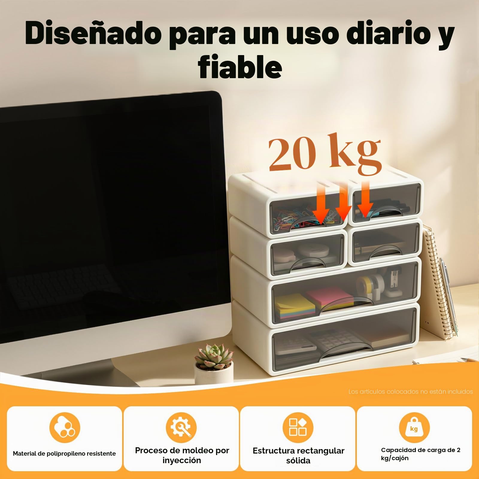 Caja de almacenamiento de oficina, organizador de escritorio de plástico con 6 cajones, apilable para oficina, hogar, suministros de arte 34 x 25 x 33 cm (blanco)