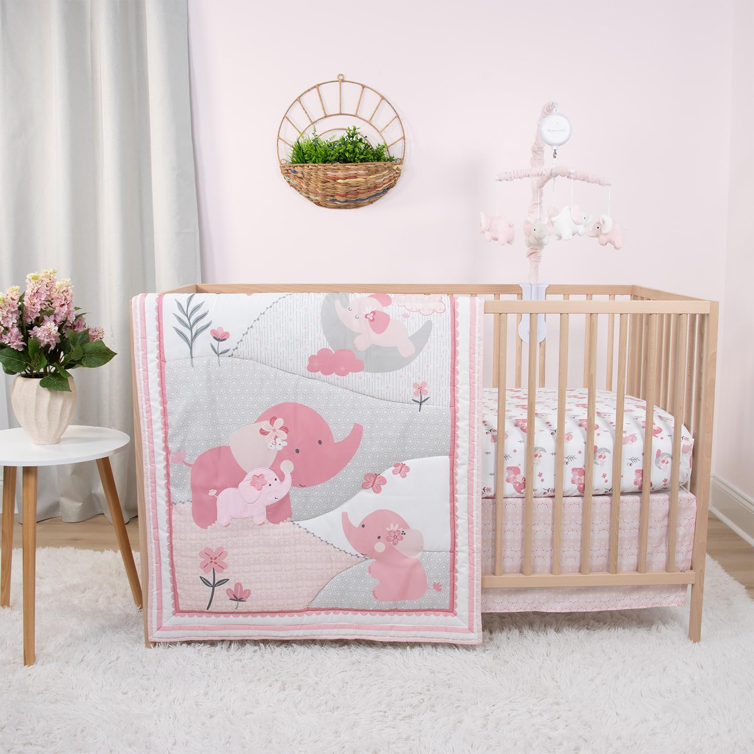 Pink Elephant Nursing Decor Set | 4 Pieces | Crib Comforter, Crib Sheet, Crib Mobile, Dust Ruffle