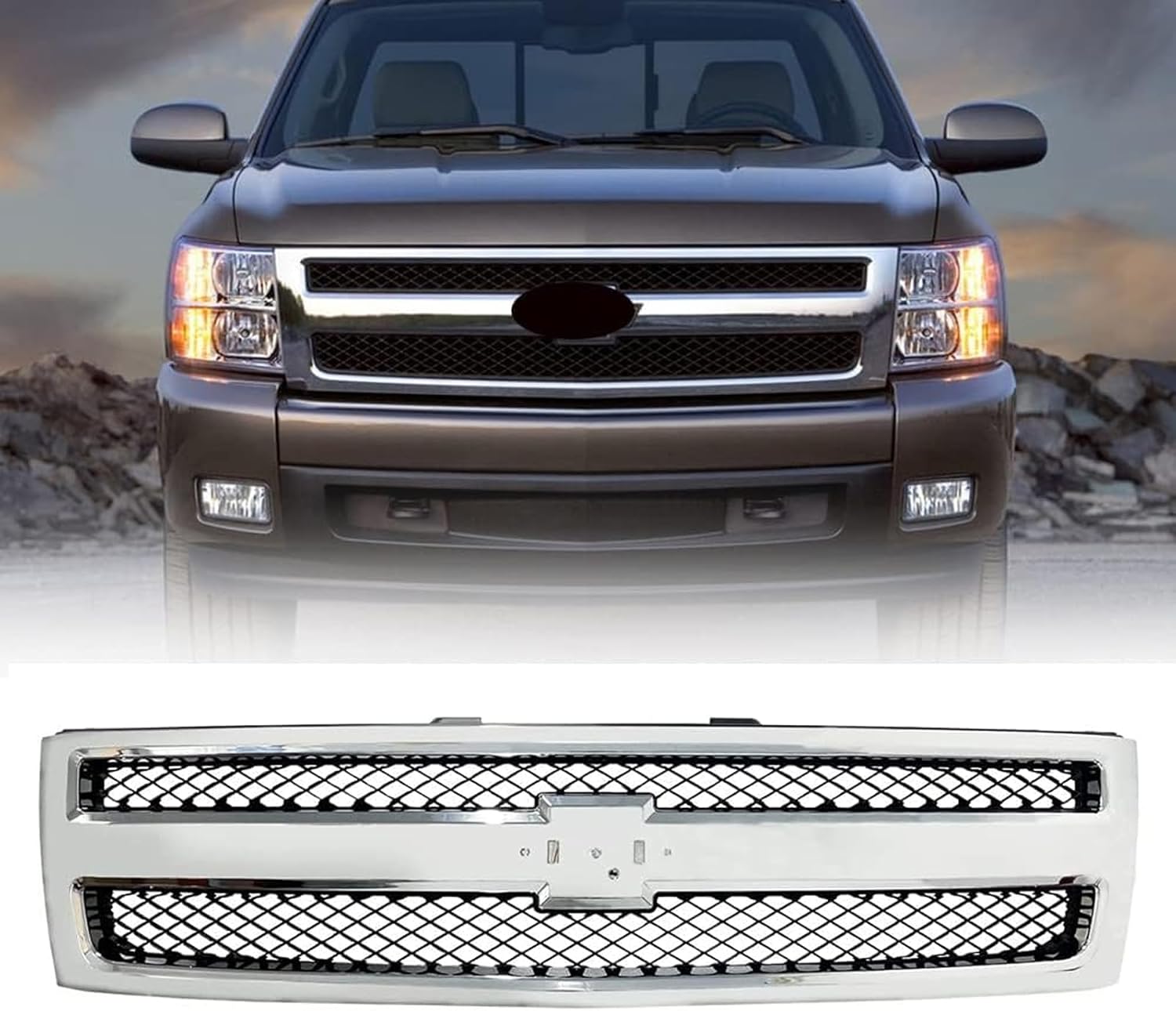 Front Chrome Grille Grill For Chevy Silverado 1500 Pickup Truck Grill 2007 2008 2009 2010 2011 2012 2013 GM1200572 25810707 (Chrome)