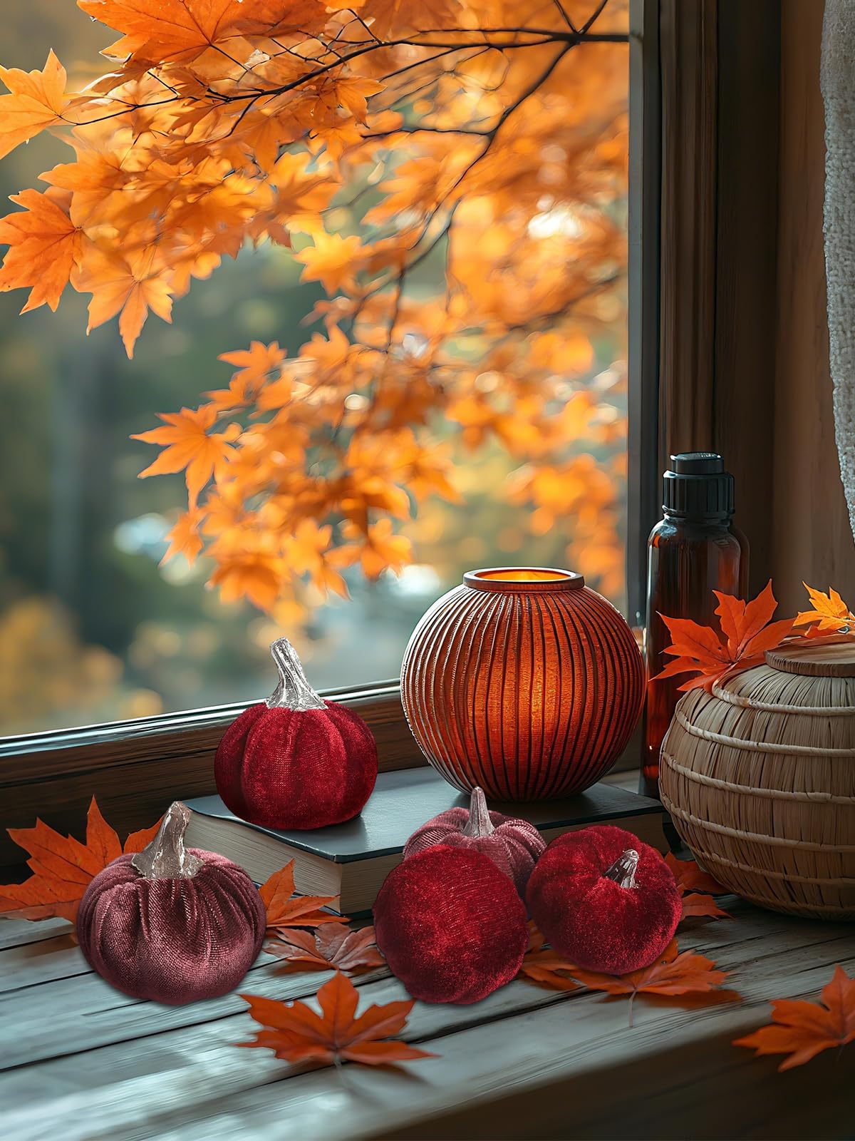 Lot de 12 citrouilles artificielles en velours - 2 tailles - Pour Halloween, automne, festival, décoration de table (bordeaux/violet)
