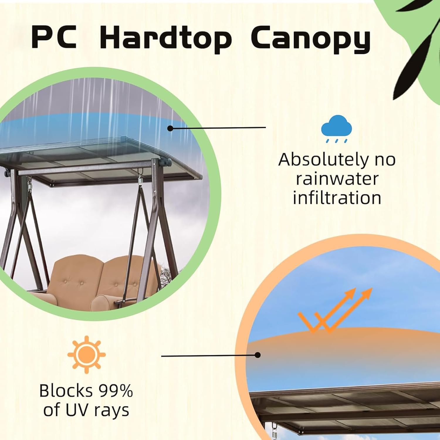 YOLENY Outdoor Patio Swing with Adjustable Hardtop, 2 Seat Porch Swing with 2 Side Cup Holder, Convertible Backrest Swing Bed with Cushion, 2 Pillows for Front, Porch, Lawn, Khaki
