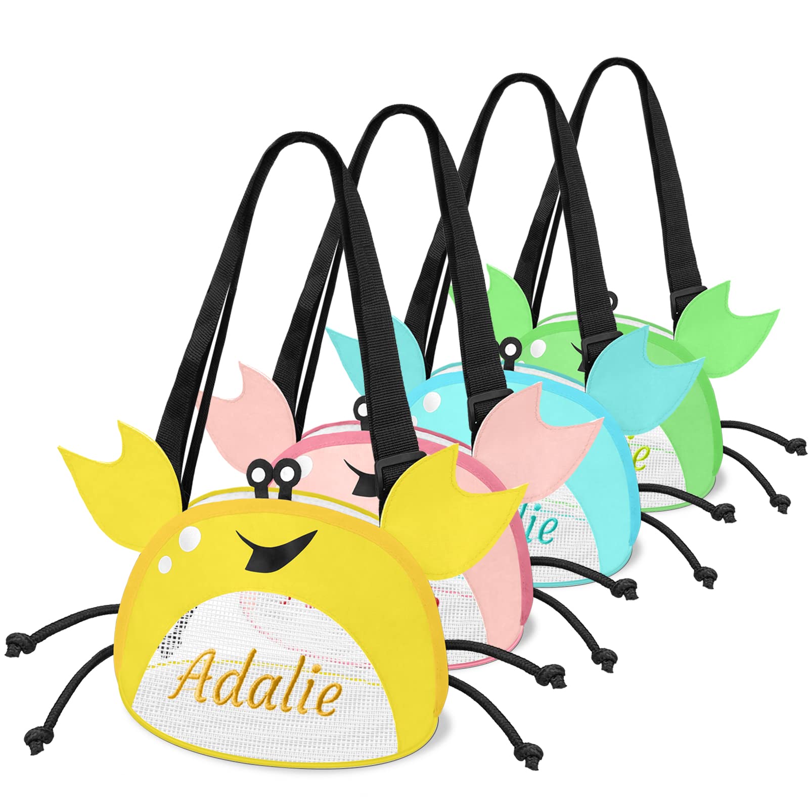 AtiMing Personalized Mesh Beach Bag Kids 1-6 Pack Crab Shaped Custom Name Mesh Sand Seashell Collecting Bags for Boys Girls