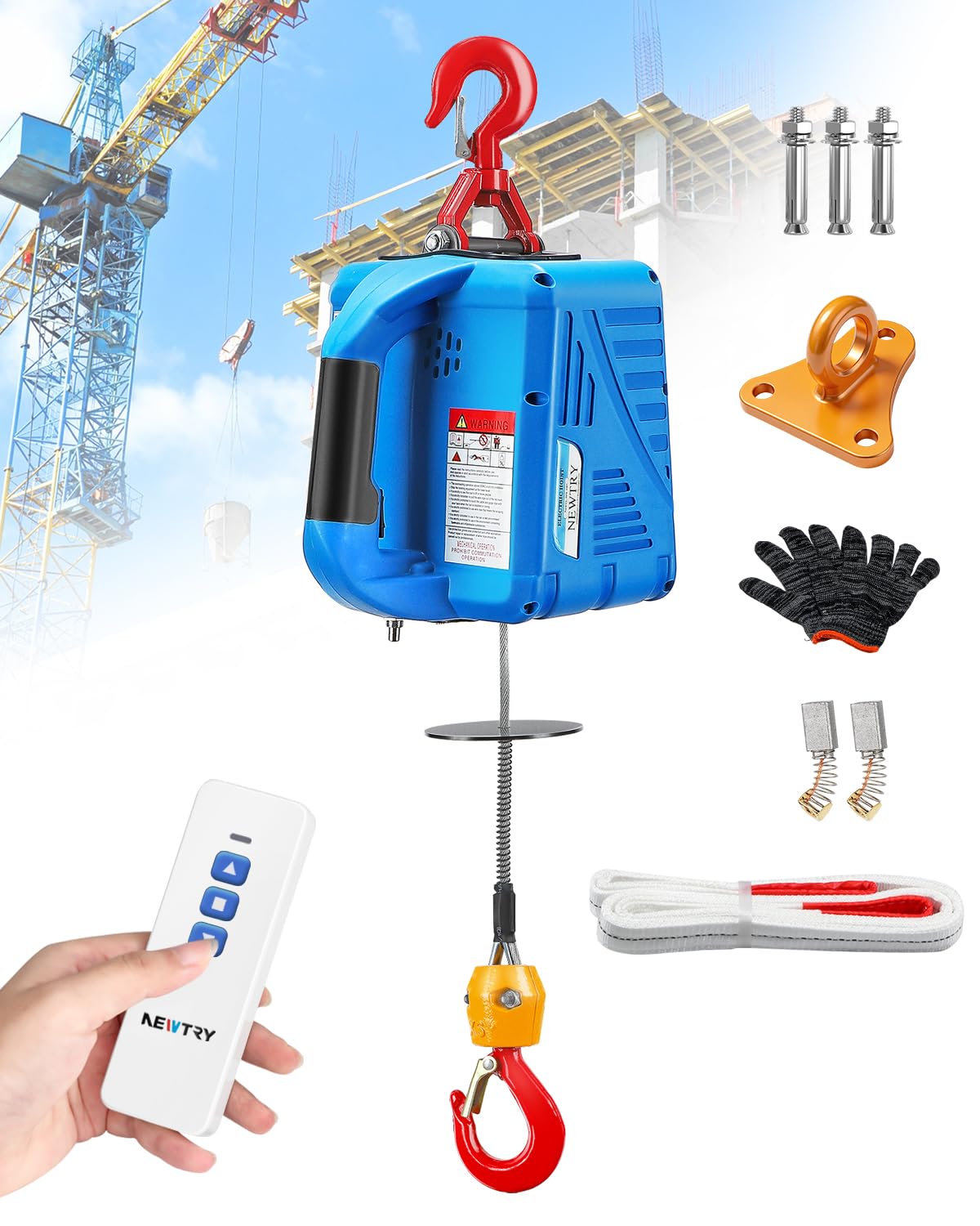 NEWTRY Paranco Elettrico 500 kg con Telecomando Senza Fili 1500W Gru di Sollevamento Elettrico 7,6m Verricello Elettrico Gru di Sollevamento Con istruzioni in italiano (EU Plug)