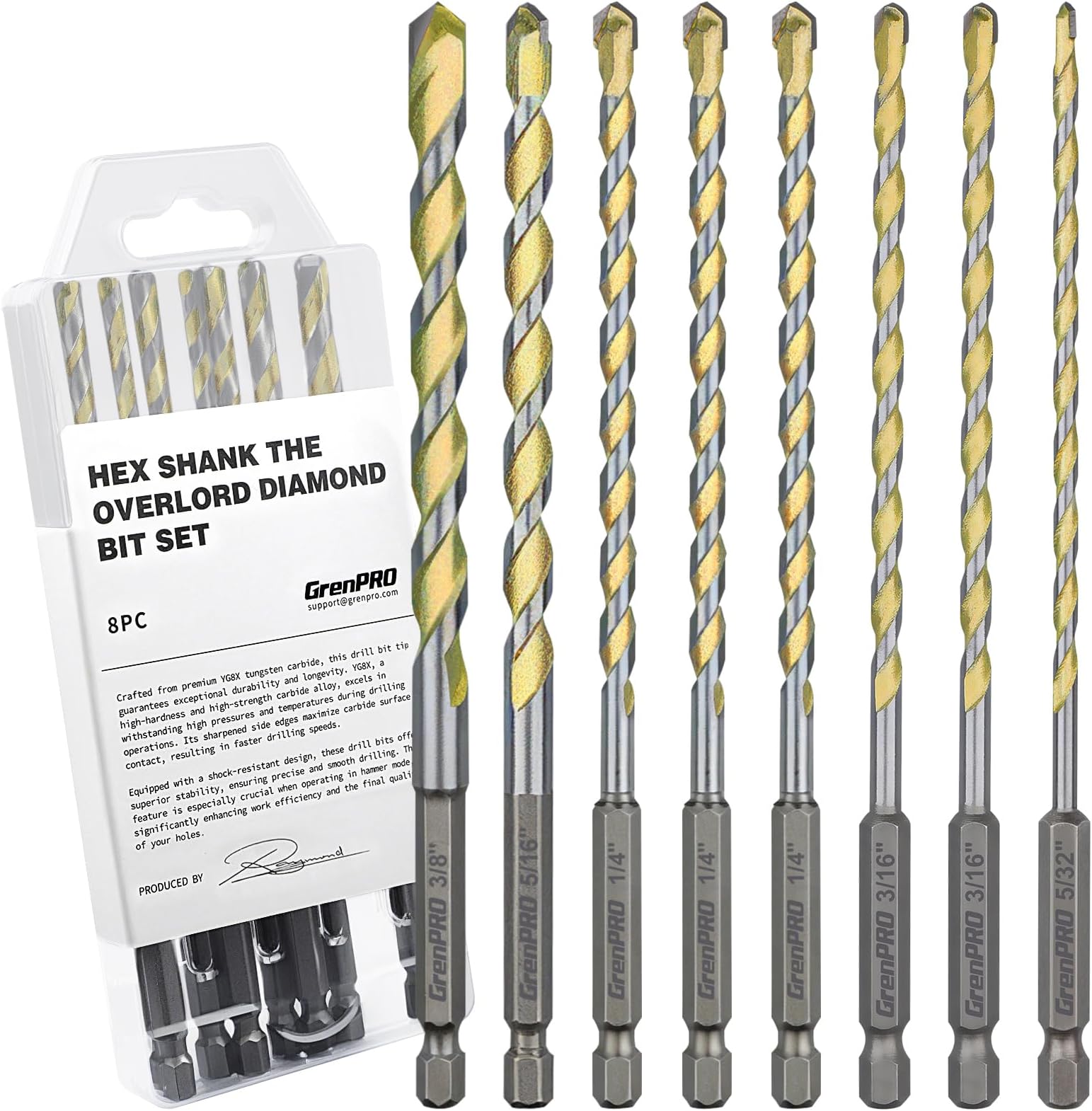 GRENPRO Concrete Drill Bit Set, 8 PCS Masonry Drill Bit Set for Concrete 5/32"-3/8", Industrial Carbide Drill Bits, Shockproof Hex Shank Drill Bit Set for Cement/Porcelain Tile/Brick/Class/Plastic