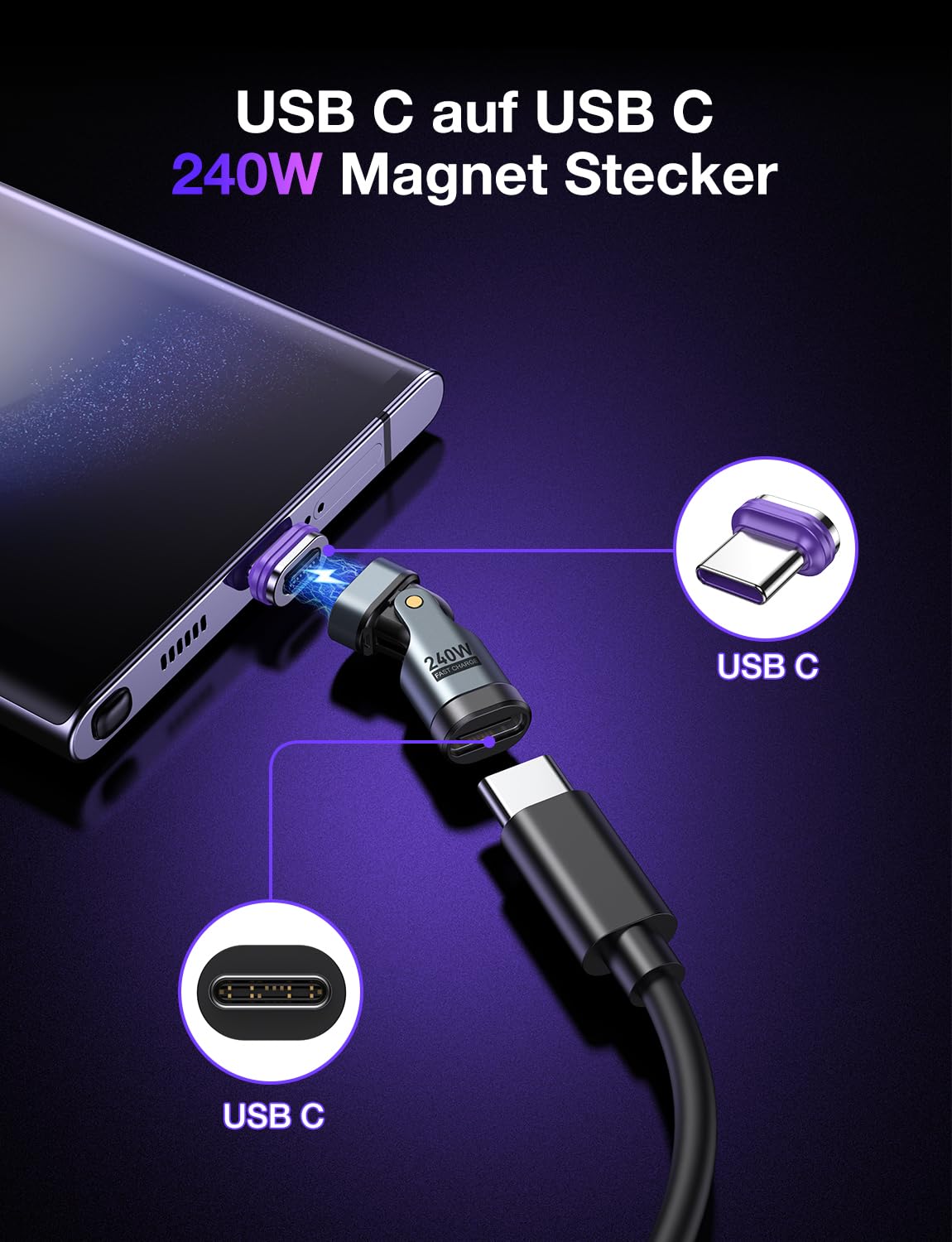 Adattatore Magnetico USB C Da 240W: Si Gira Di 180° E Ricarca Tutto A Una Velocità Pazzesca. Il Caricabatterie Magnetico Definitivo Per Cavi Type-C, 2 Pezzi.