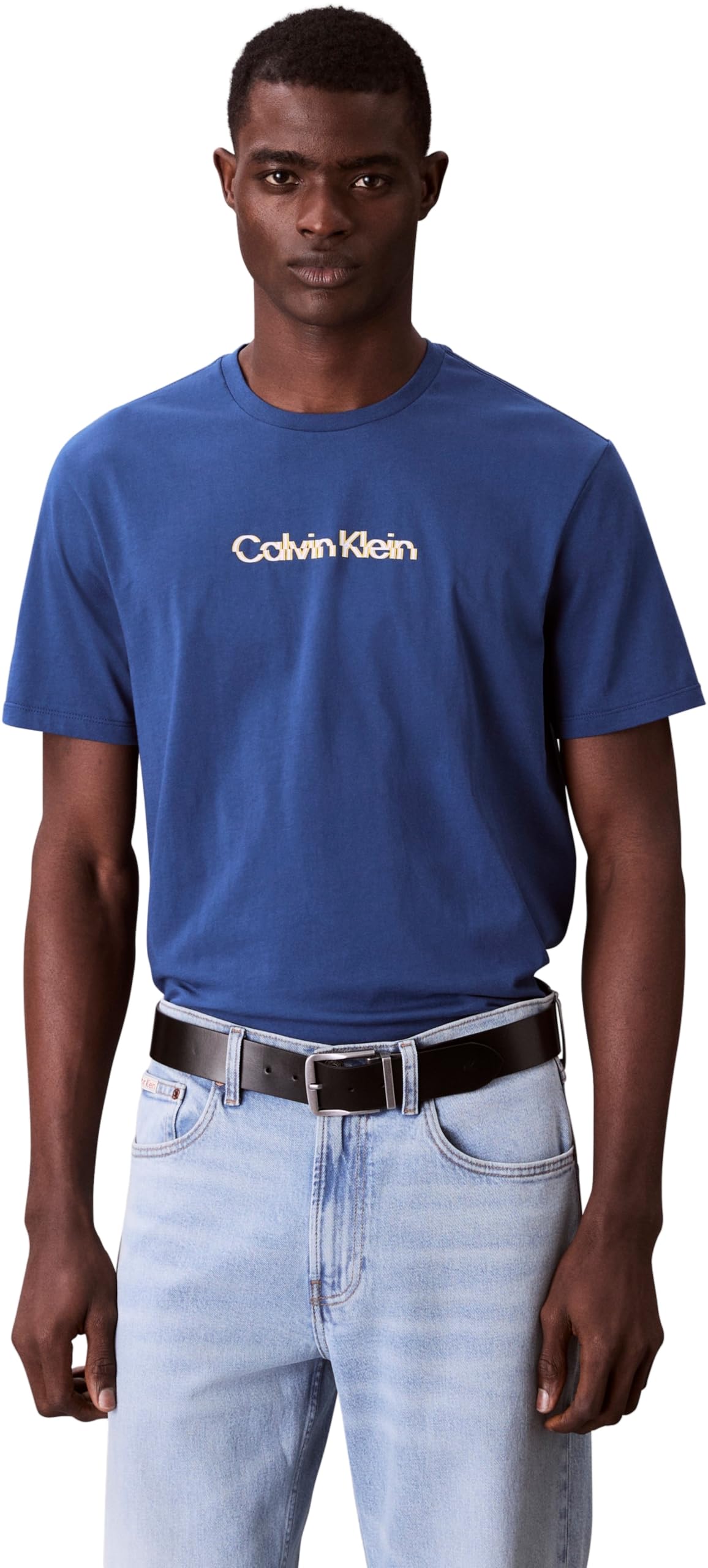 Calvin Klein Men's Short Sleeve Glitched Logo Classic Cotton T-Shirt, Blue (Blue Jean), XXL