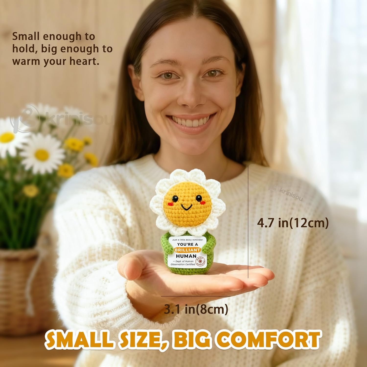 Positive Animals Crochet Daisy Gift for Women – Cute Flower Decor, Small Pick-Me-Up Thinking of You Encouragement Present for Friends or Coworkers - Image 4