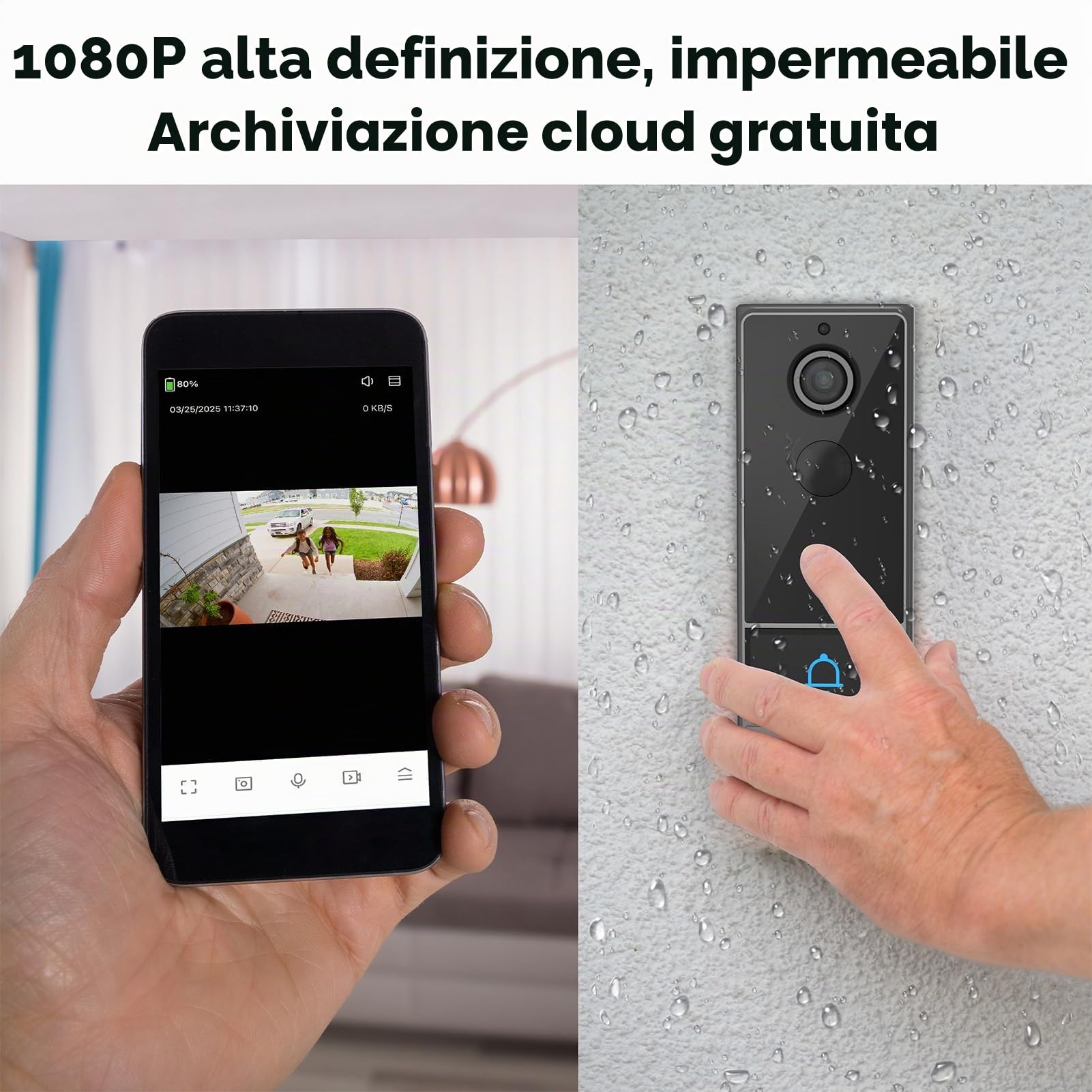 Smart Smart WiFi, campanello senza fili, intercom con PIR Wakeup 1280 x 720, visione notturna, due possibilità audio, IP65, Water Proof for Home Security,
