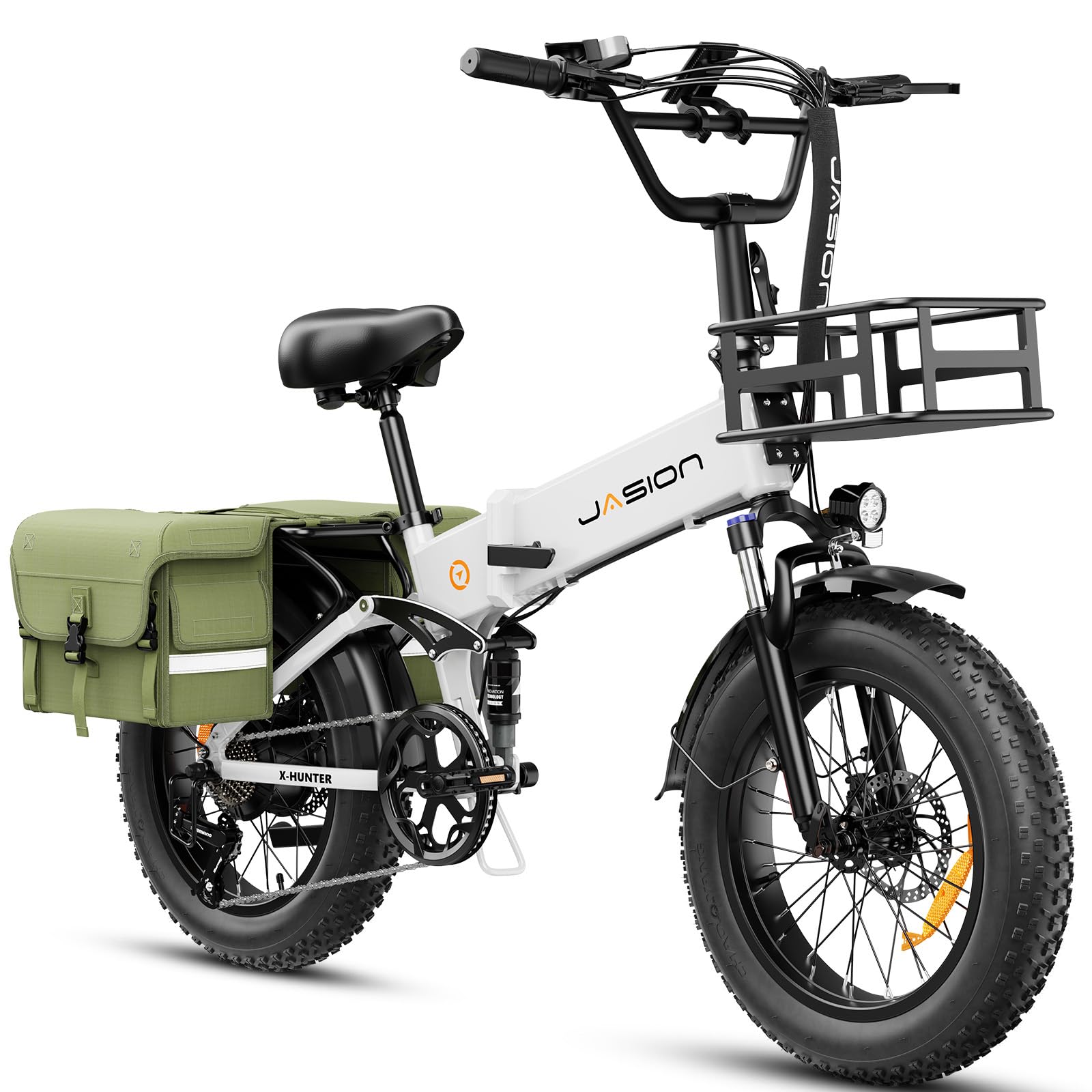 Jasion X-Hunter Electric Bike for Adults,1400W Motor 30MPH Max Speed 48V 13AH Removable Battery, Full Suspension System Design 7-Speed Bicycles 20‘’*4.0 Fat Tire Foldable Ebike