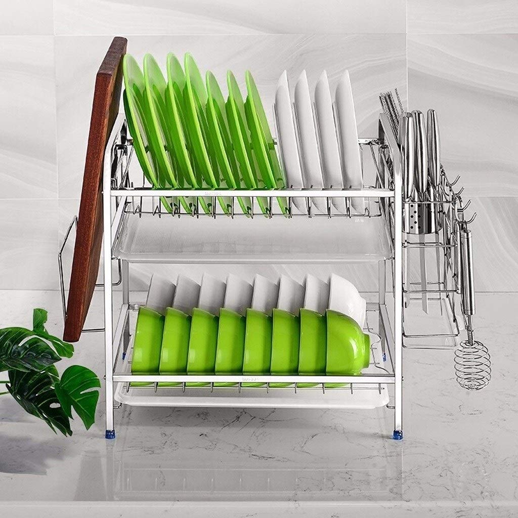 Geschirrkorb Dish Wschetrockner 304 Edelstahl 2 Tier Abtropfbrett mit Abtropffläche, Utensil Halter, Schneidebrett Halter, Messer und Bänkchen Dish Drainer for KücheCountertop Geschirr Abtropfgestell