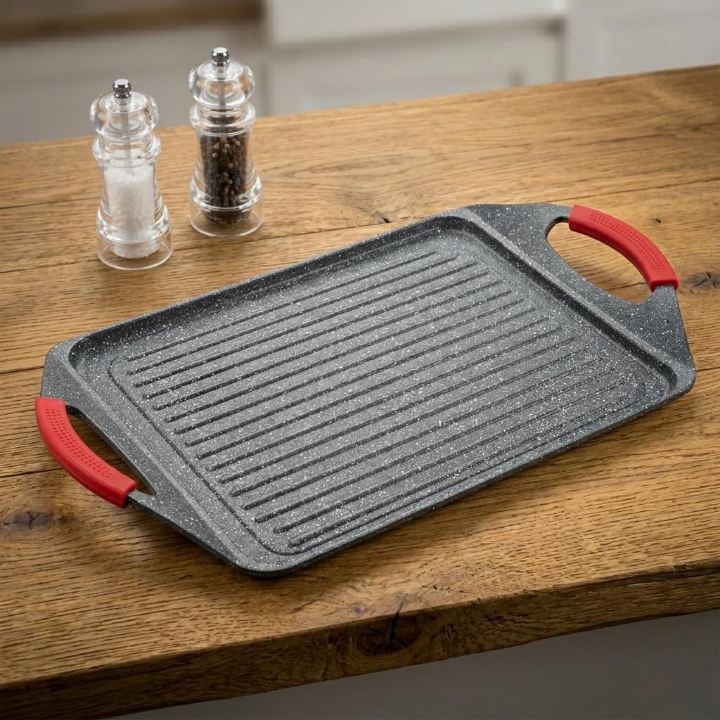 Plancia Bistecchiera Rettangolare Grandi Cotture - Pietra Stone Antiaderente - Manici Silicone Removibili - Induzione [36cm / 47cm] (47 cm)