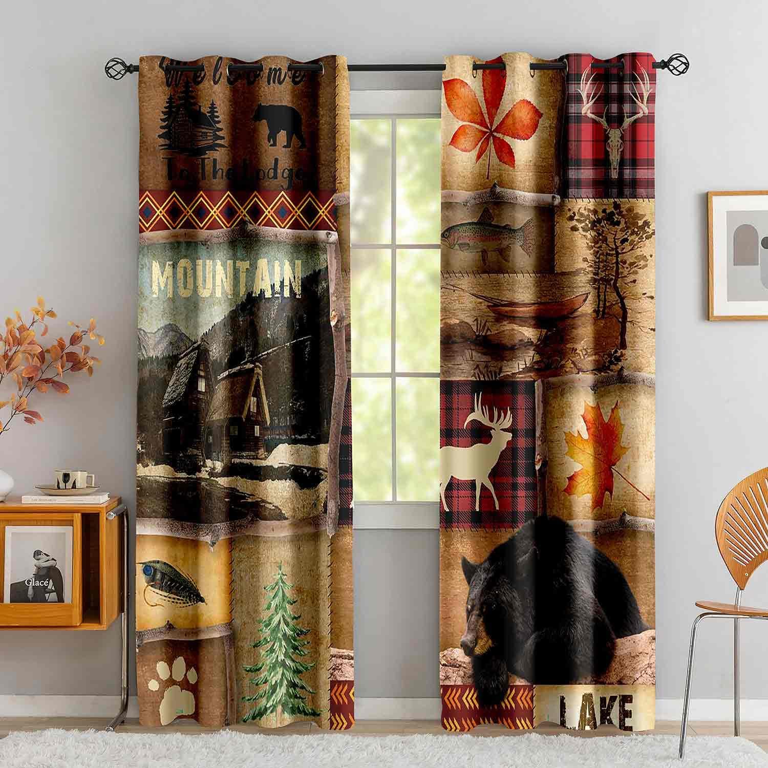 LUVIVIHOME Rustic Cabin Curtains, Farmhouse Blackout Curtains for Bedroom, Bear Deer Fish Forest Animals Mountain Vintage Country Lodge Patchwork Wildlife Hunting Room Decor, 2 Panel Sets, 42x63 Inch