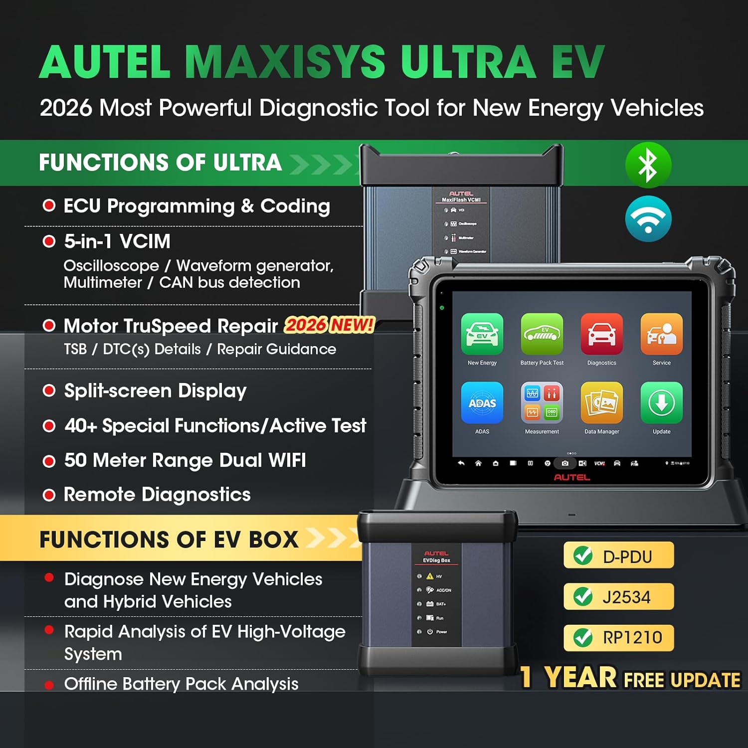 Autel MaxiSYS Ultra EV Intelligent Scanner, 2026 EV Ver.of Ultra S2 MS909S2, Up of Ultra MS909 MS909EV MS919, with EVDiag Kit, High-Voltage System & Battery Pack Analysis, 5-in-1 VCMI, Motor Truspeed