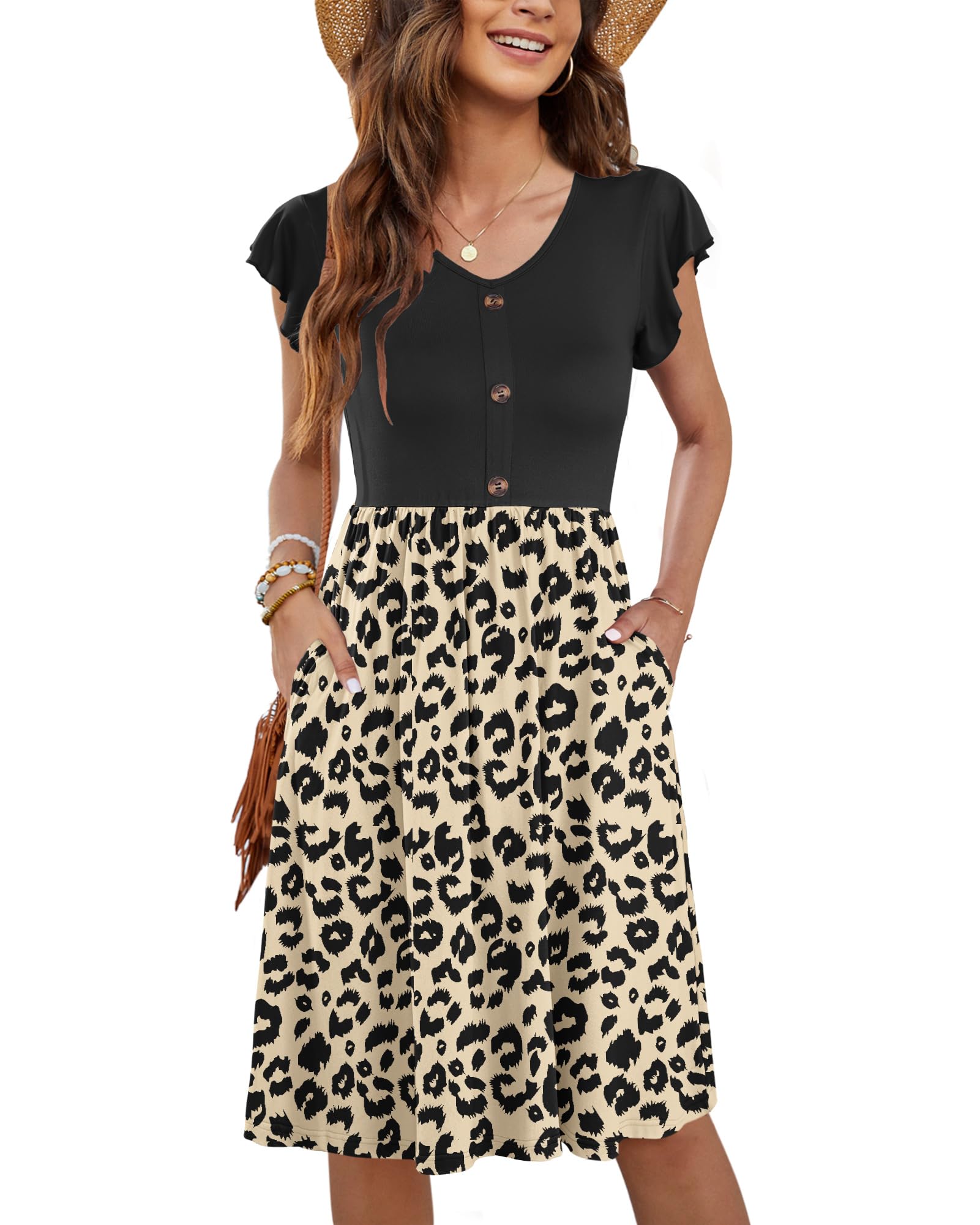 MOLERANI Damen Sommerkleider Rüschen Ärmel V-Ausschnitt Casual Swing Elastische Taille Midi Kleid mit Taschen S-2XL